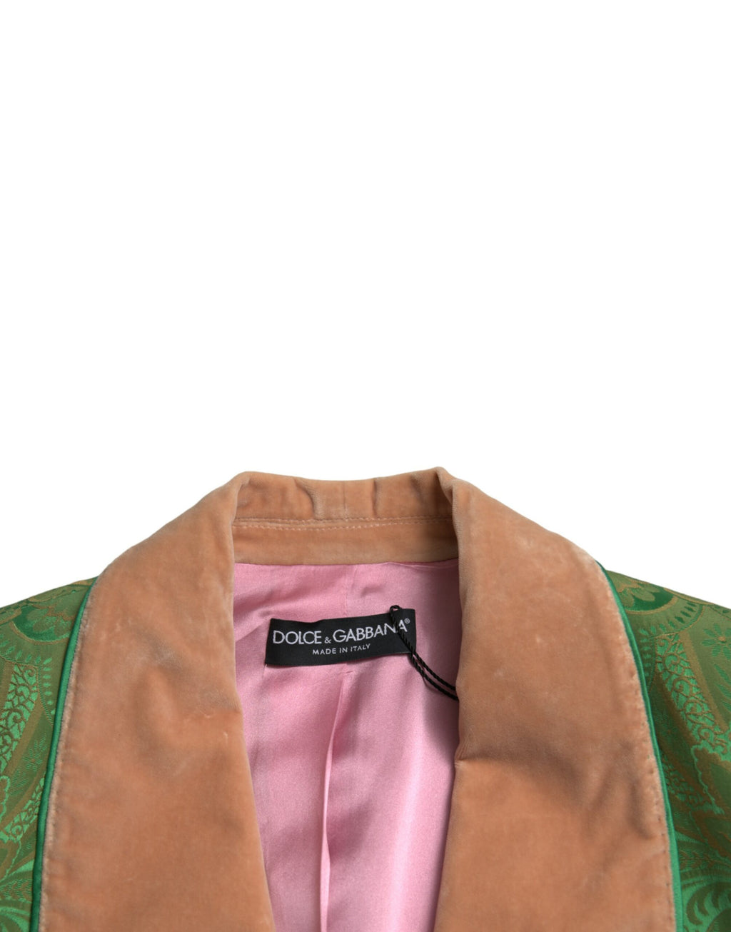 Manteau doublé à fleurs vertes de Dolce & Gabbana, coupe croisée, avec col et boutons élégants, parfait pour une tenue chic.