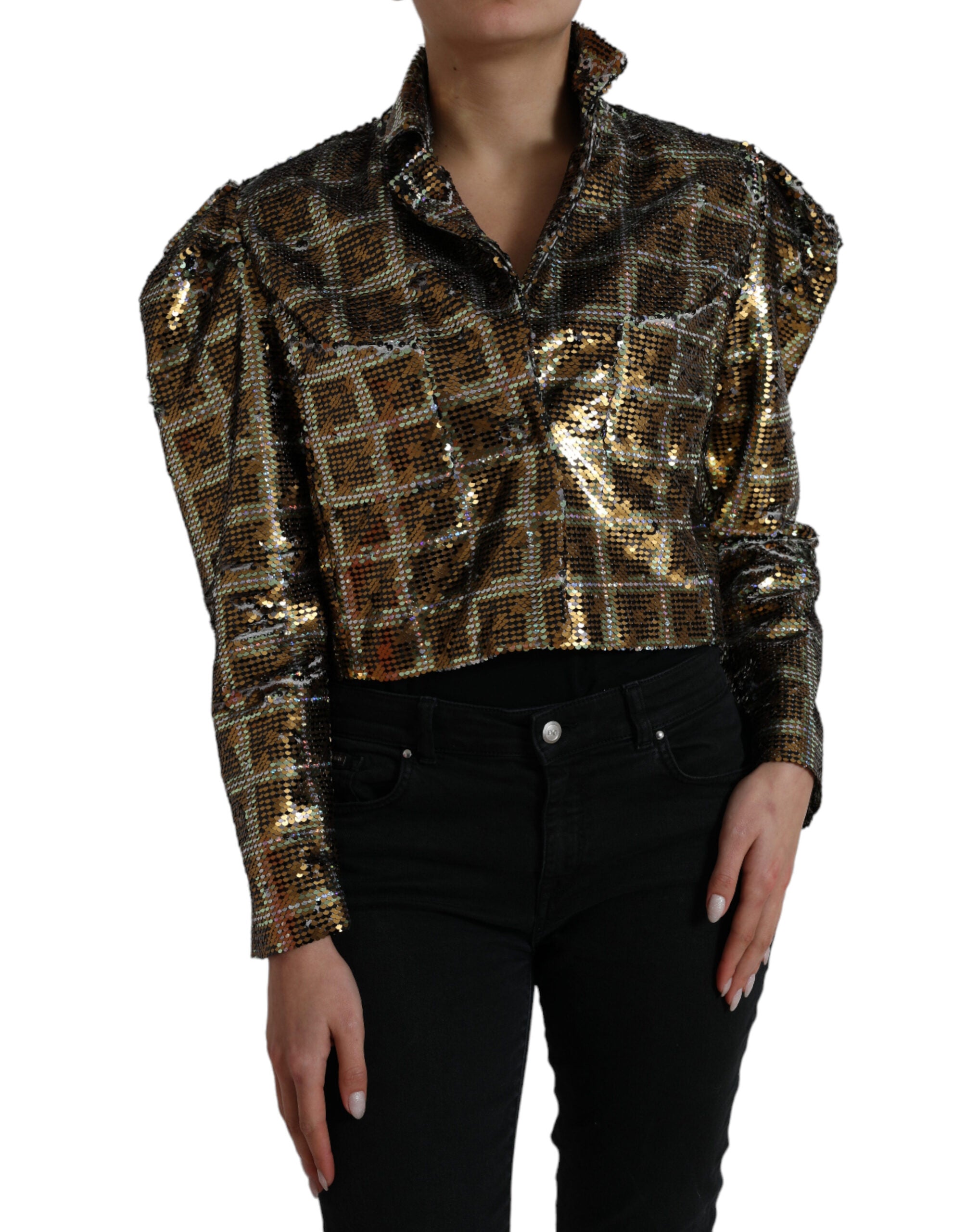 Veste courte en polyester multicolore à sequins de Dolce & Gabbana, style élégant et brillant, détail visible sur l'image.
