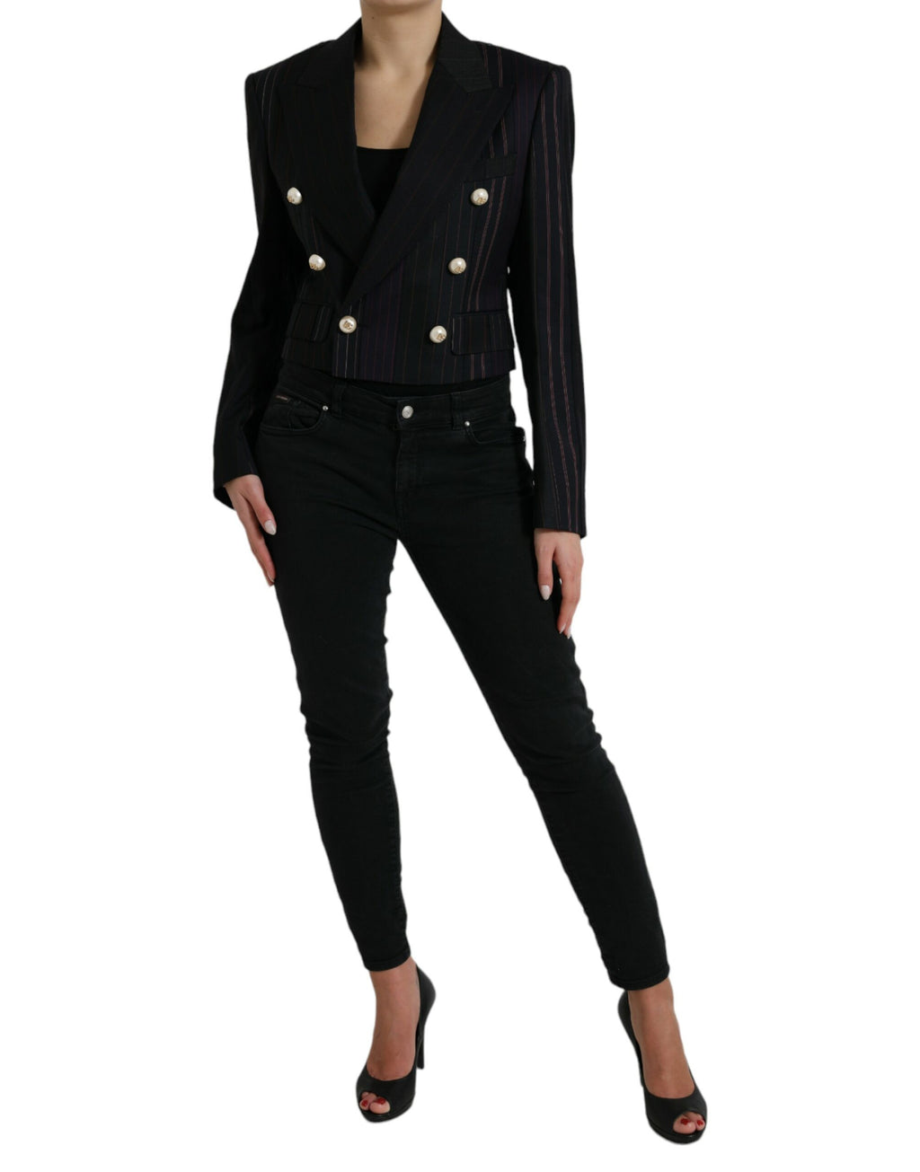 Veste noire à rayures Dolce & Gabbana Sicilia à double boutonnage, style élégant et sophistiqué, vue de face.