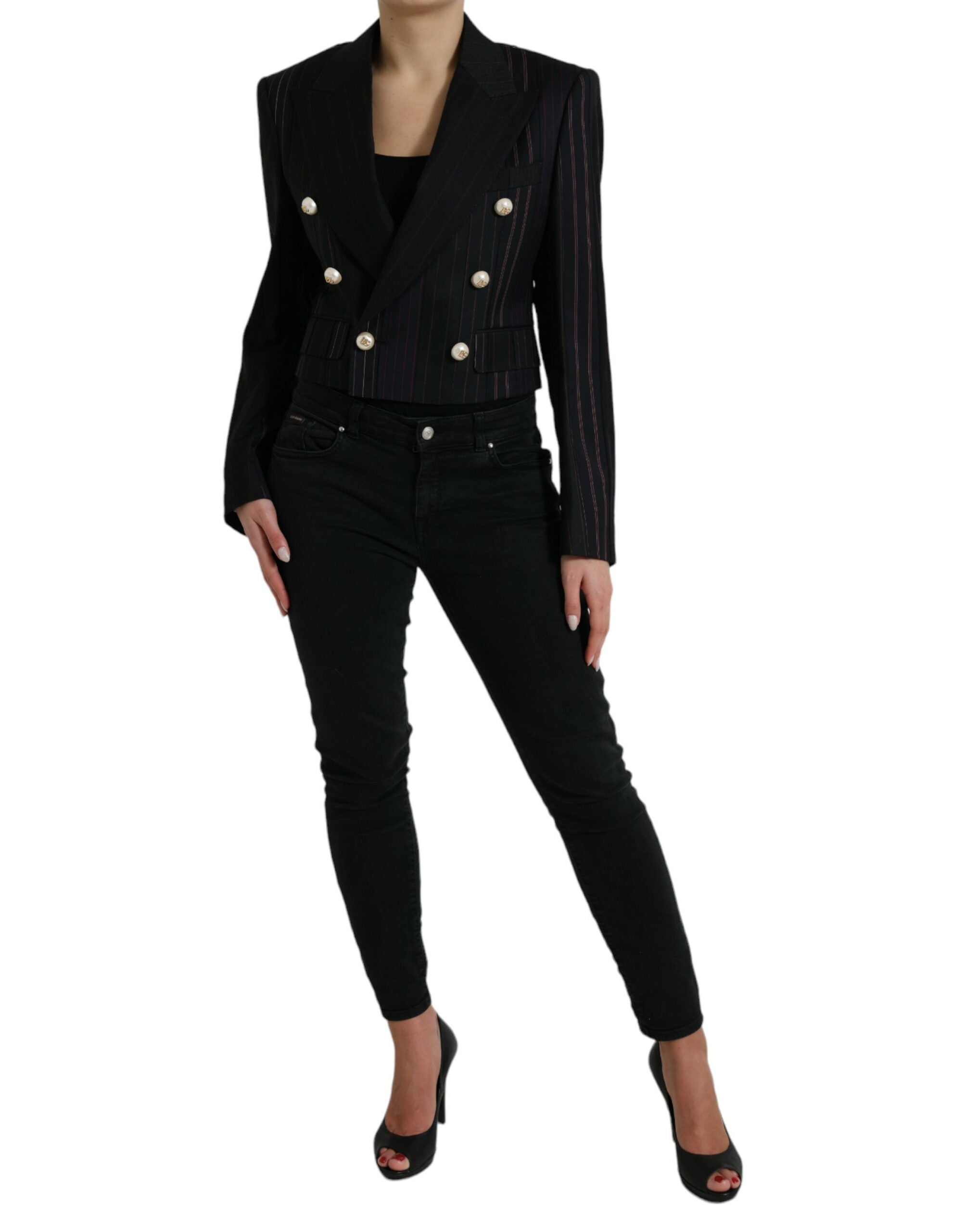 Veste noire à rayures Dolce & Gabbana Sicilia à double boutonnage, style élégant et sophistiqué, vue de face.