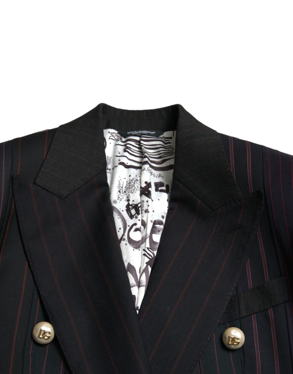 Veste noire à rayures Dolce & Gabbana Sicilia à double boutonnage, style élégant avec détails sophistiqués.