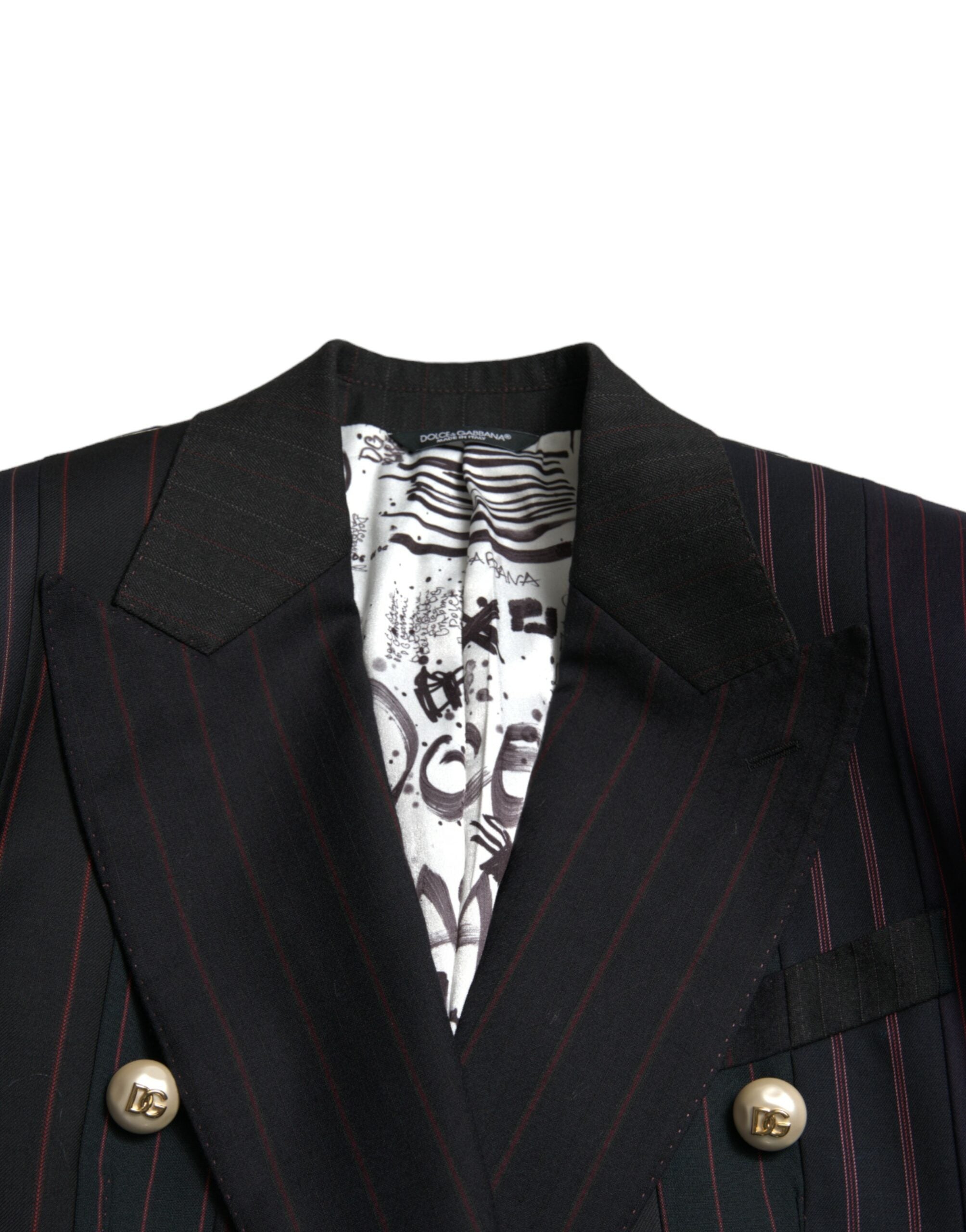 Veste noire à rayures Dolce & Gabbana Sicilia à double boutonnage, style élégant avec détails sophistiqués.
