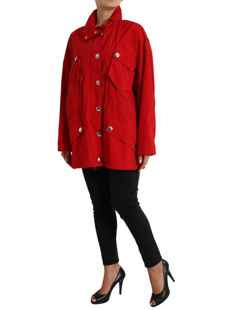 Imperméable rouge en polyester avec capuche et boutons de la marque Dolce & Gabbana, style élégant et pratique.