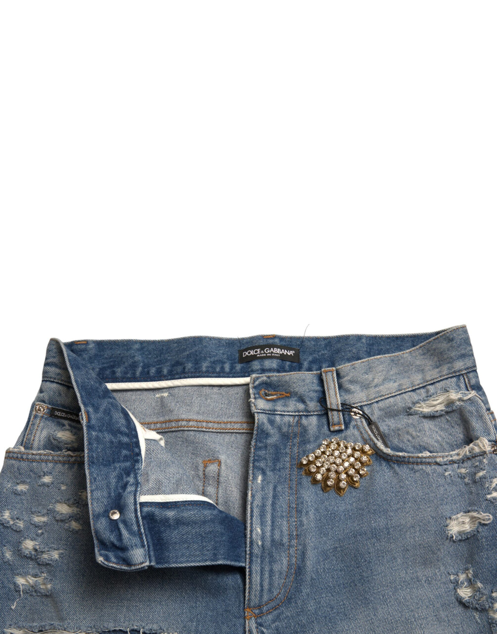 Shorts bermuda déchirés et ornés de Dolce & Gabbana, bleu, avec embellissements, style décontracté et tendance.