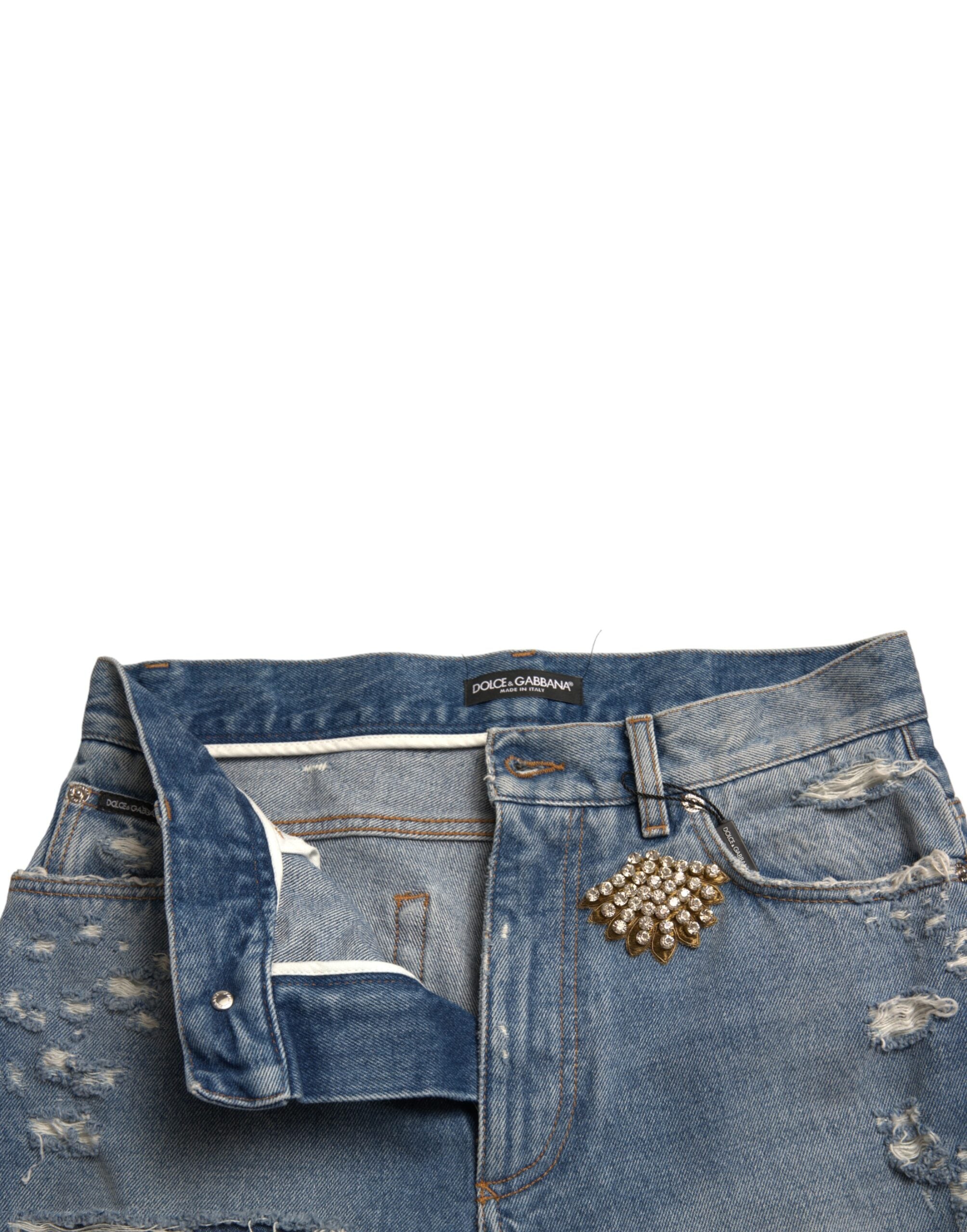 Shorts bermuda déchirés et ornés de Dolce & Gabbana, bleu, avec embellissements, style décontracté et tendance.