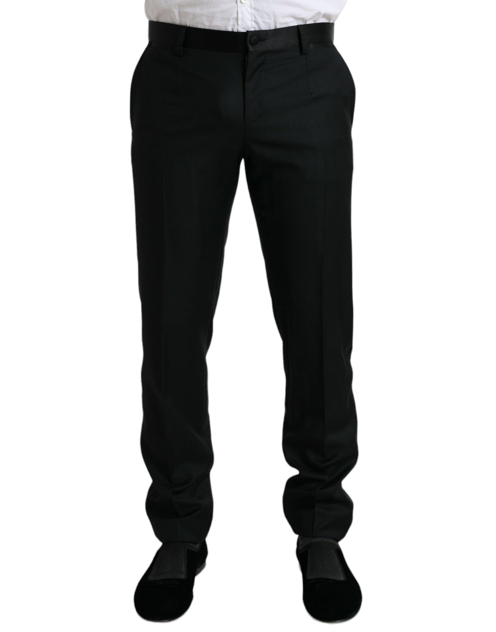 Pantalon de costume noir en laine Dolce & Gabbana, coupe slim fit, pour homme, détails élégants et finition soignée.