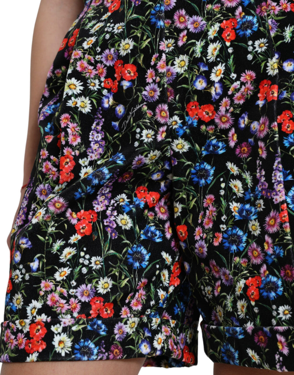 Shorts Dolce & Gabbana noirs à fleurs, taille haute, style hot pants, vêtement tendance en tissu léger à motif floral.