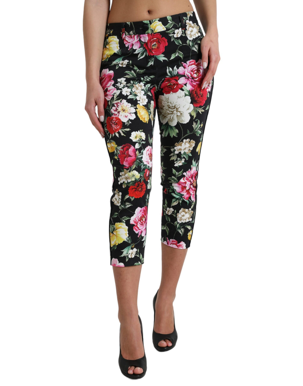 Pantalons cropped noirs à taille moyenne Dolce & Gabbana avec motif floral, en tissu léger et élégant.