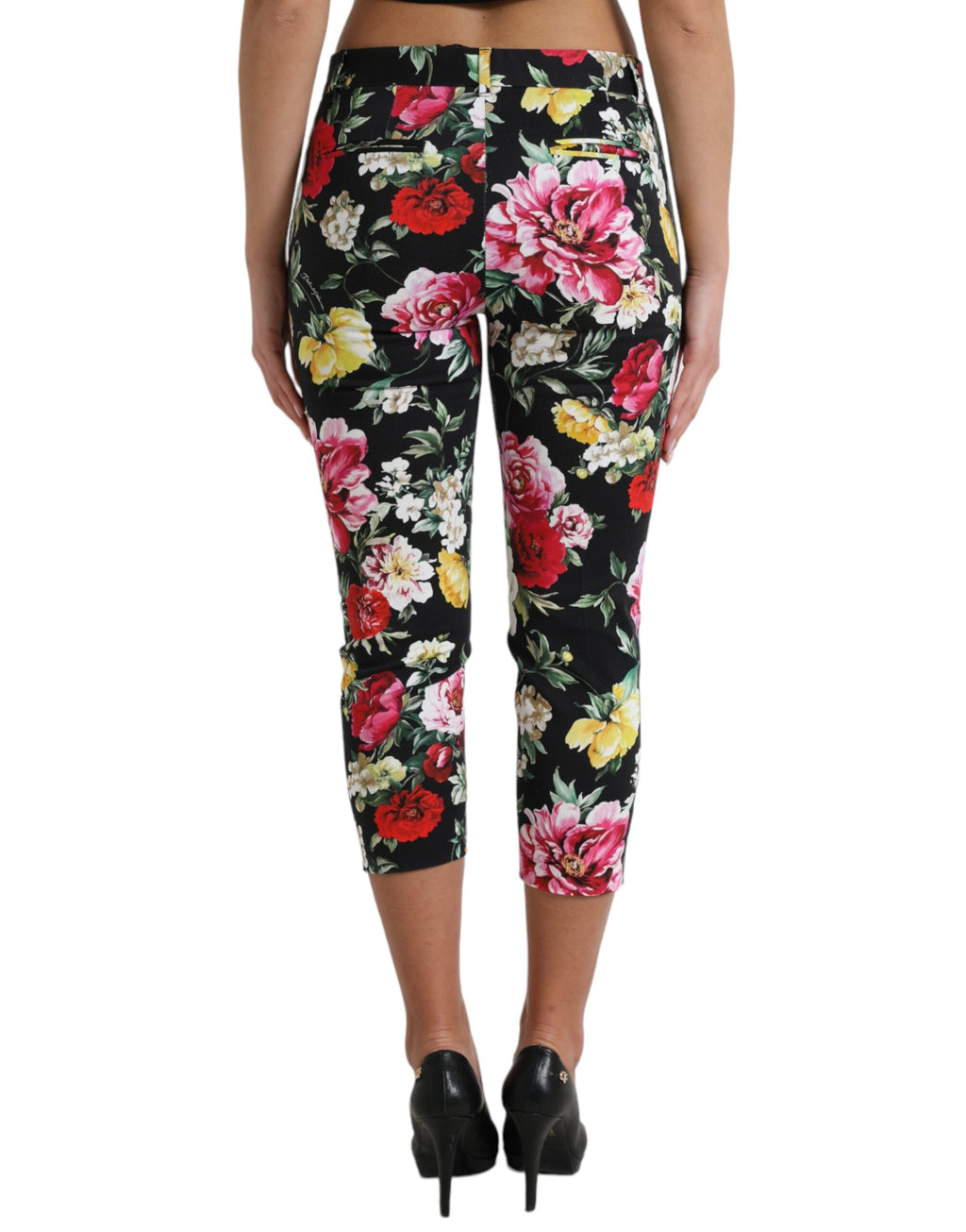 Pantalons cropped noirs à taille moyenne avec motif floral Dolce & Gabbana, mode élégante et sophistiquée.