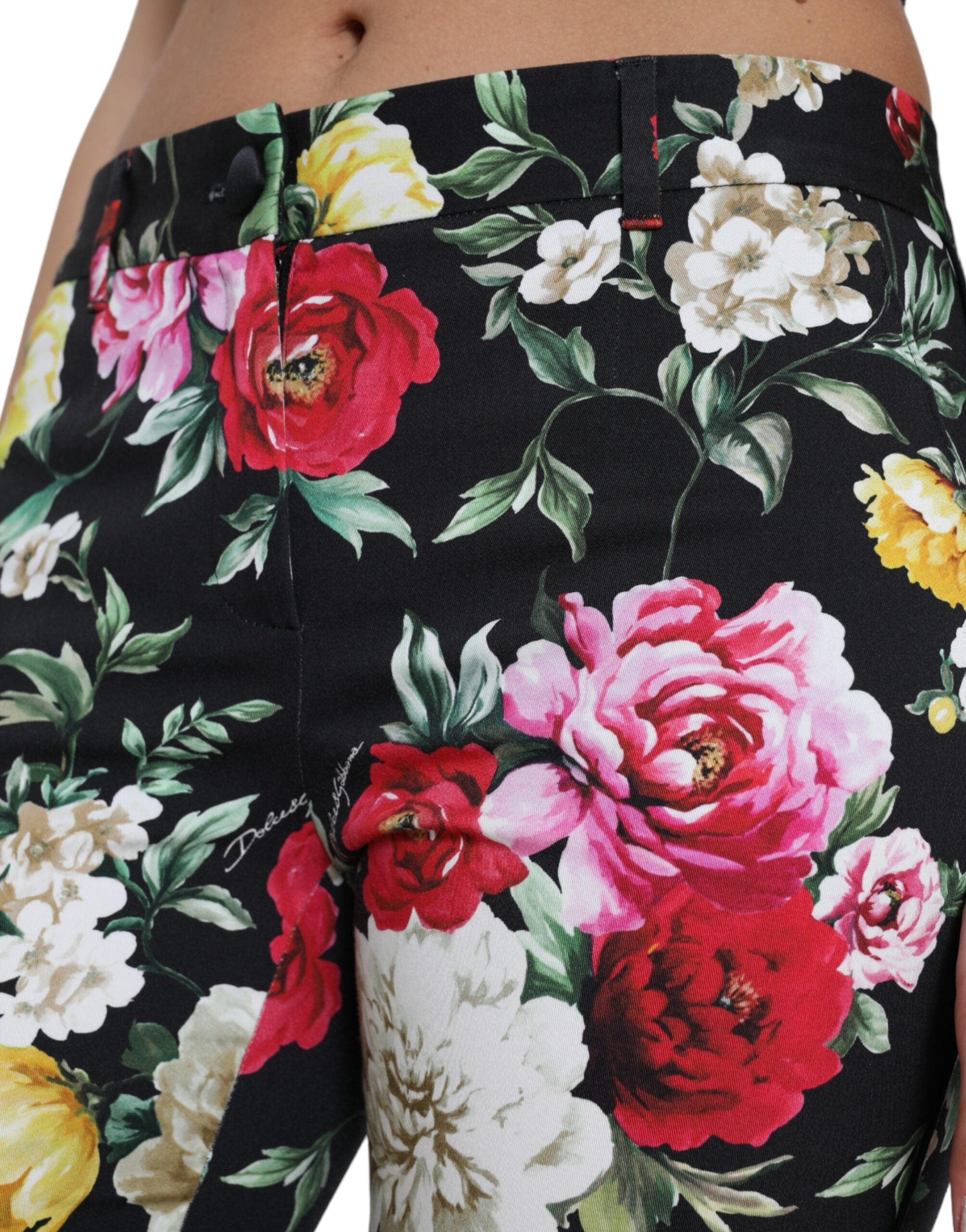 Pantalons cropped noirs à taille moyenne avec imprimé floral Dolce & Gabbana, style élégant et moderne.