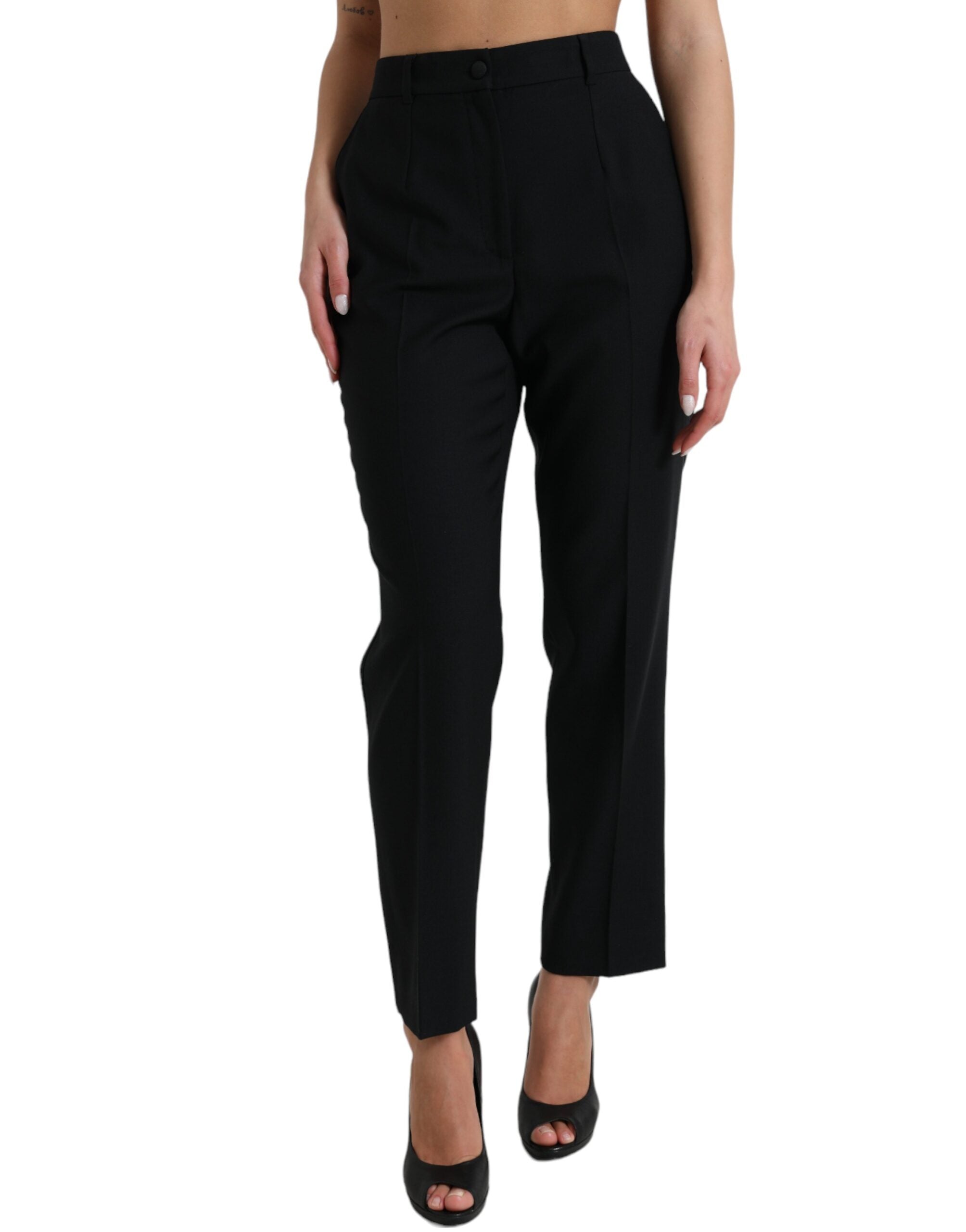 Pantalon noir en laine Dolce & Gabbana, taille haute, coupe droite, vue frontale sur un mannequin.