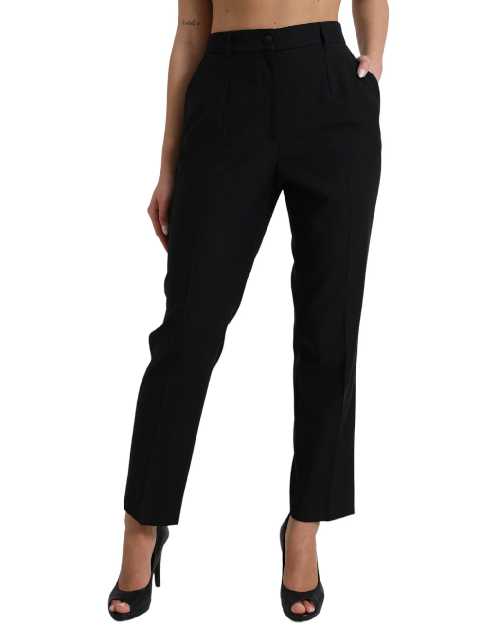 Pantalon droit en laine noire Dolce & Gabbana à taille haute, style élégant et moderne, visible en gros plan.