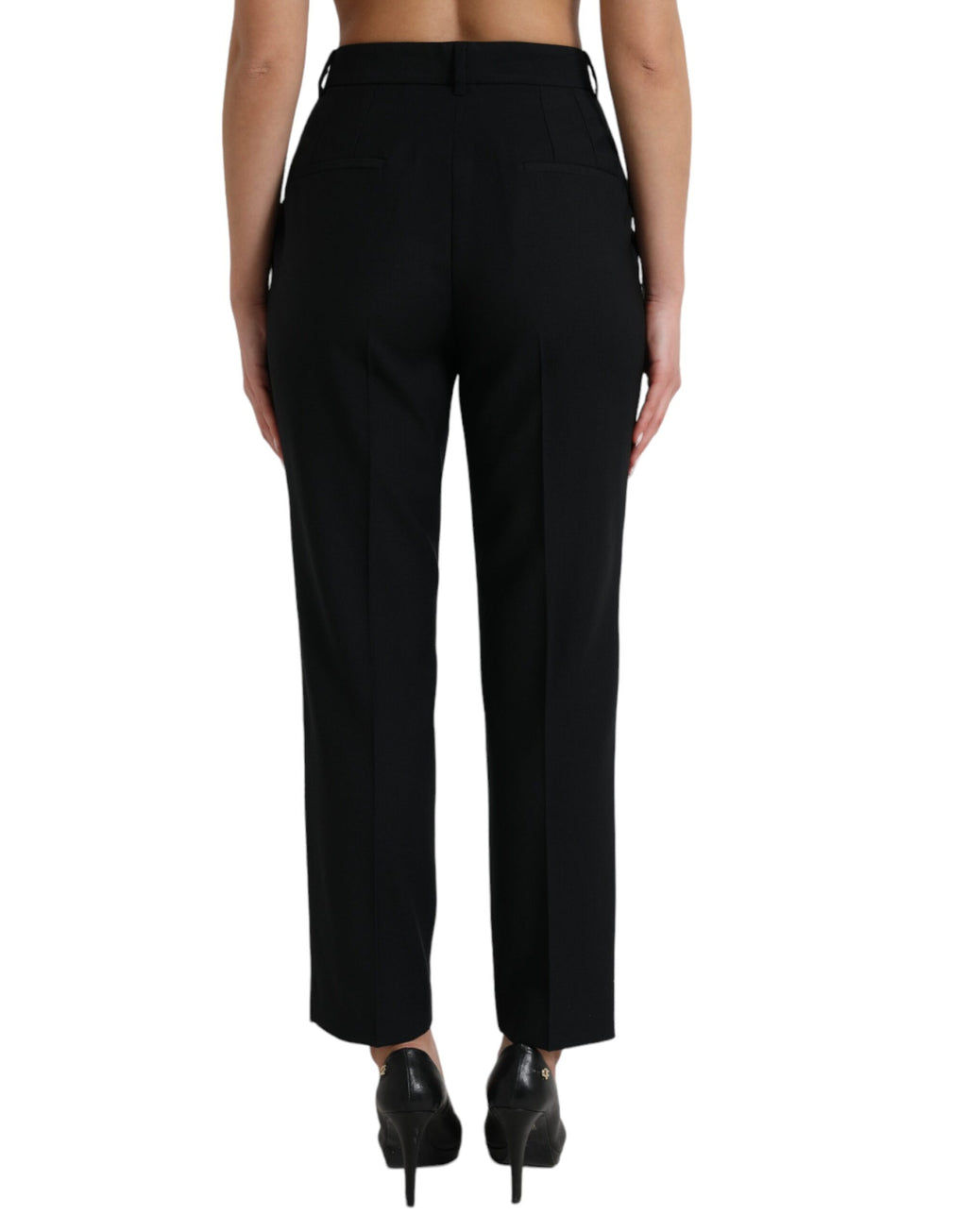 Pantalon noir en laine Dolce & Gabbana, taille haute, coupe droite, vue de face sur fond neutre.