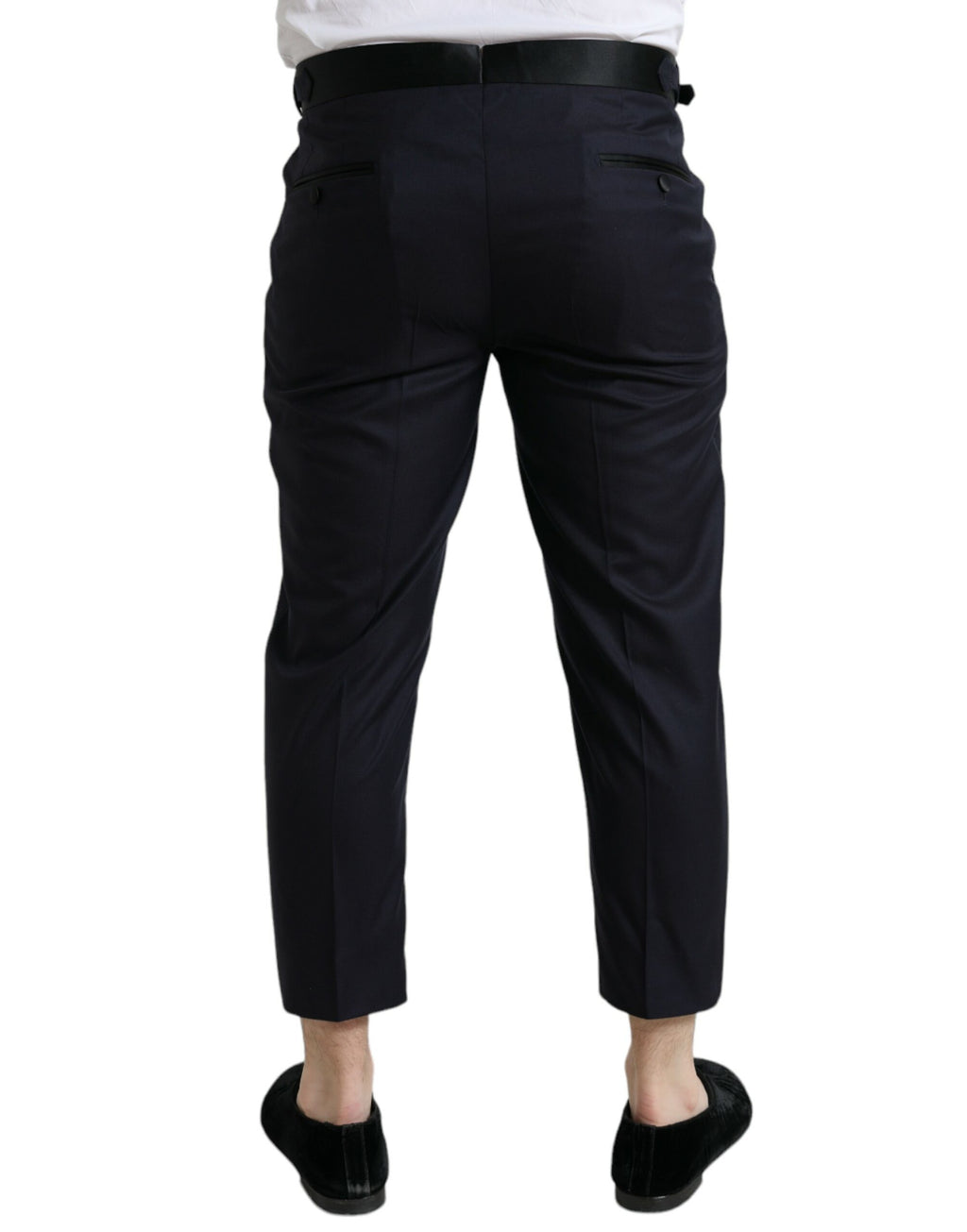 Pantalons en laine bleue Dolce & Gabbana, coupe cropped et tapered, affichant un style élégant et moderne.