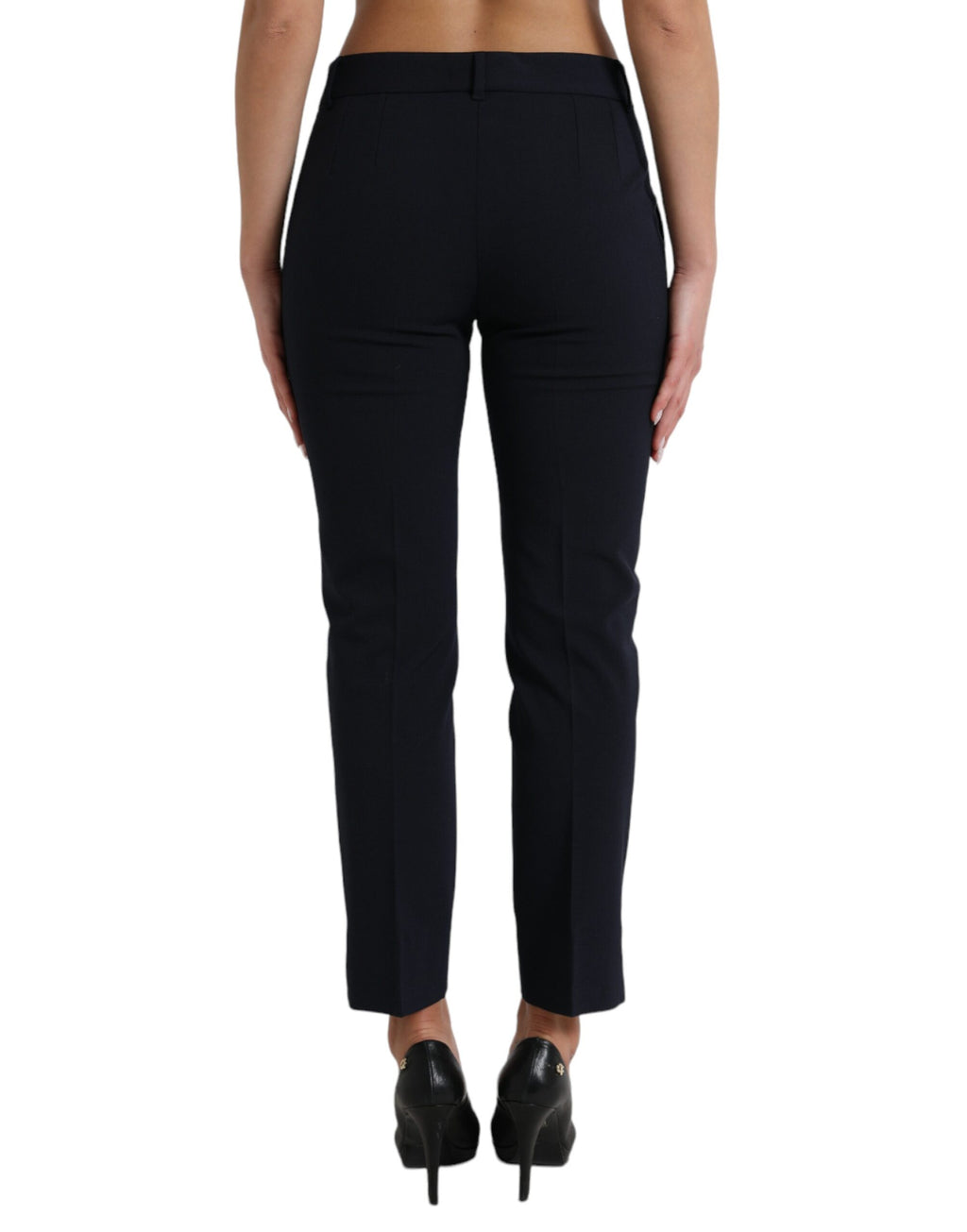 Pantalons cropped bleu Dolce & Gabbana à taille moyenne, coupe tapered, vue de devant sur un fond neutre.