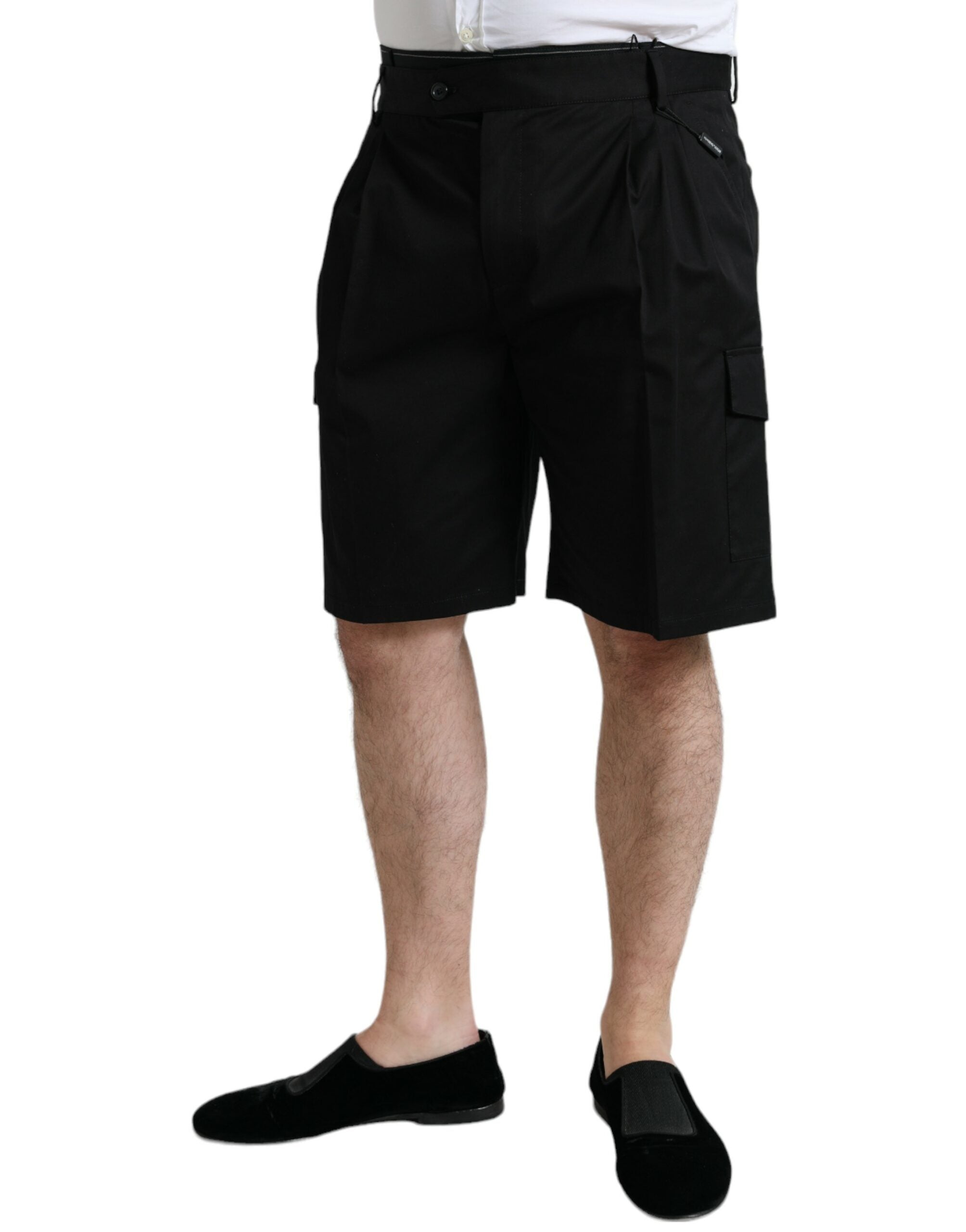 Shorts cargo bermuda en coton stretch noir de Dolce & Gabbana, style décontracté avec poches latérales et taille ajustable.