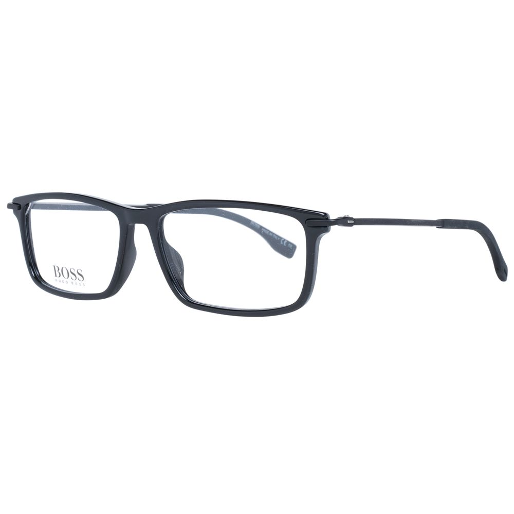 Lunettes en plastique noires Hugo Boss avec monture élégante, vues de face sur un fond blanc, pour un style moderne et sophistiqué.