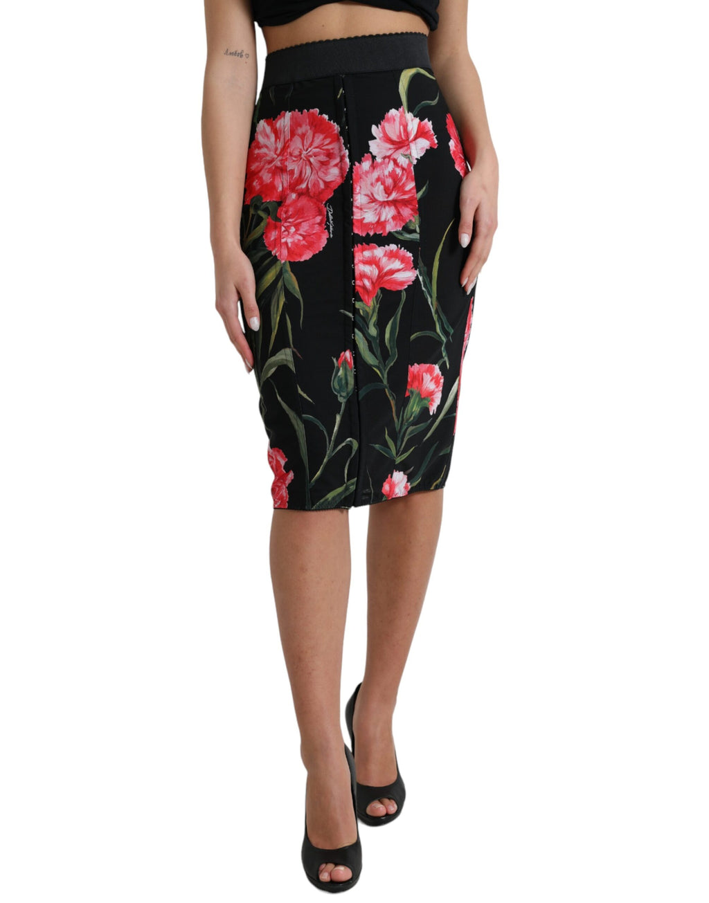 jupe noire Dolce & Gabbana en coton à coupe pencil, longueur genou, avec motif de œillets de giroflée pour femme