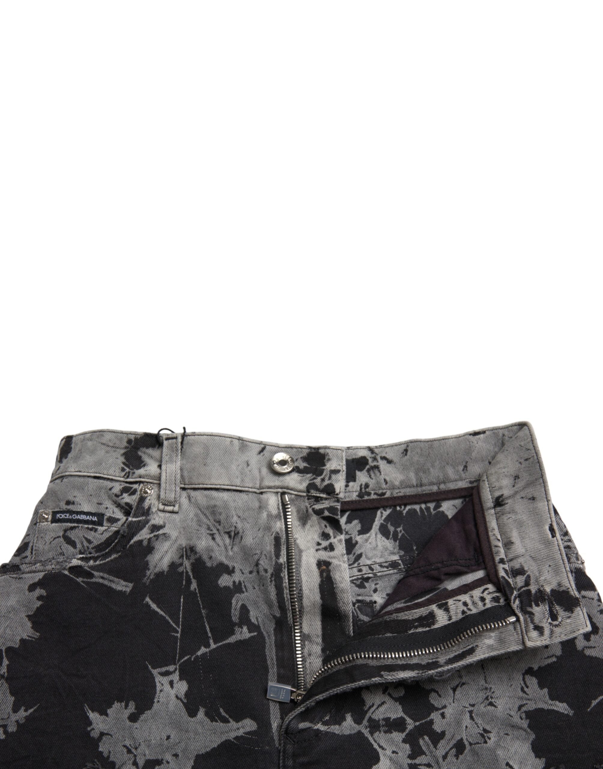 Jupe courte en jean noir et gris Dolce & Gabbana avec dentelle, taille haute et coton, vue de face.