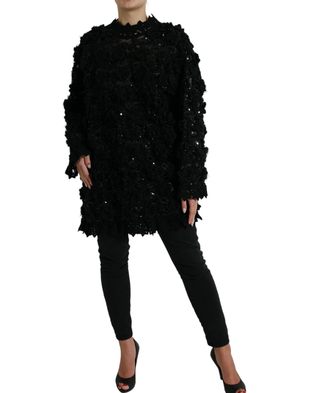 Pull en laine noir Dolce & Gabbana avec sequins brillants et embellissements, style élégant et sophistiqué.