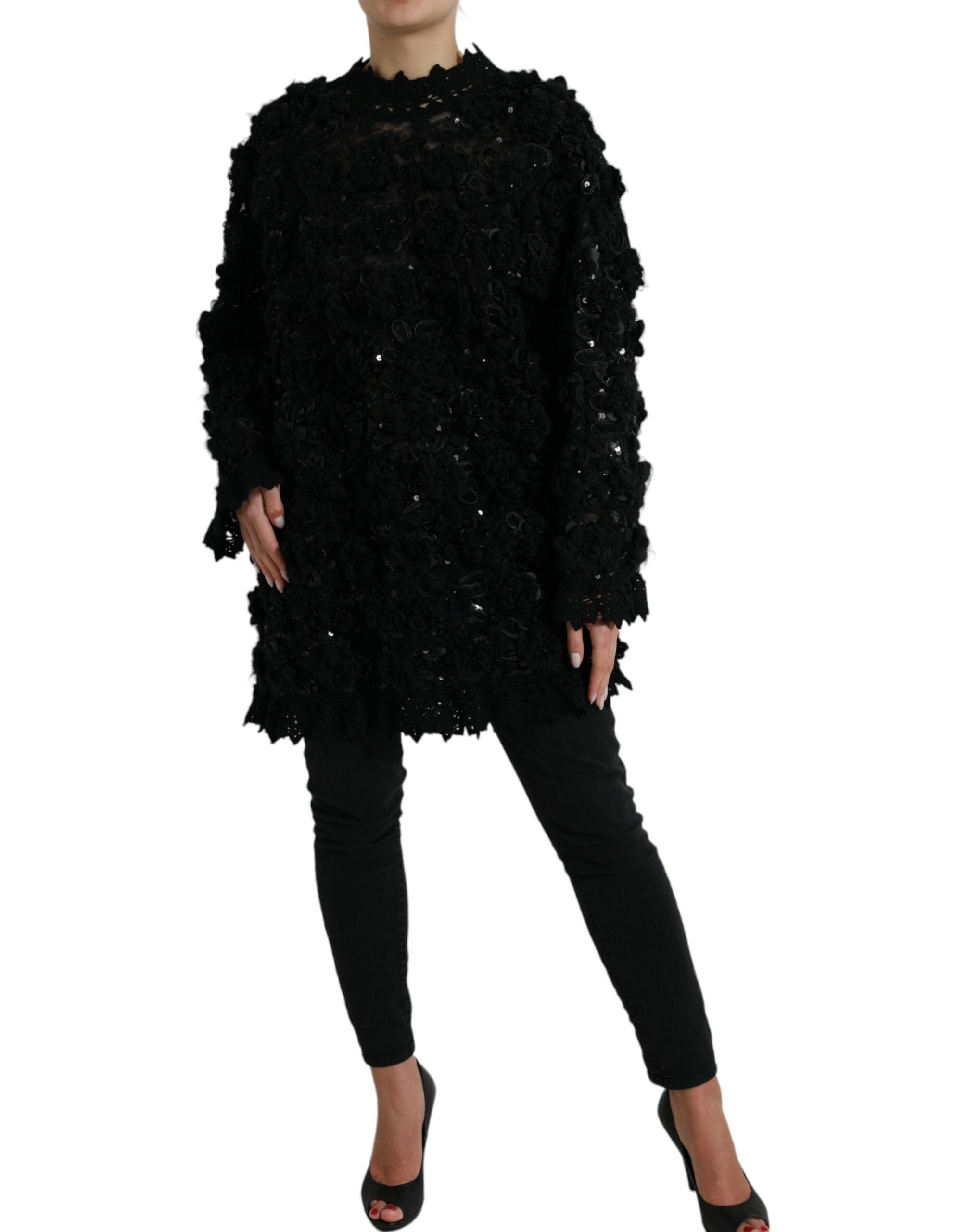 Pull en laine noir Dolce & Gabbana avec sequins brillants et embellissements, style élégant et sophistiqué.