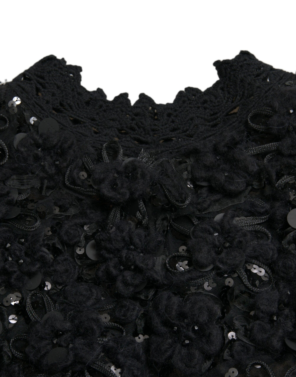 Pull en laine Dolce & Gabbana noir avec sequins et embellissements, pull-over élégant à col rond et manches longues.