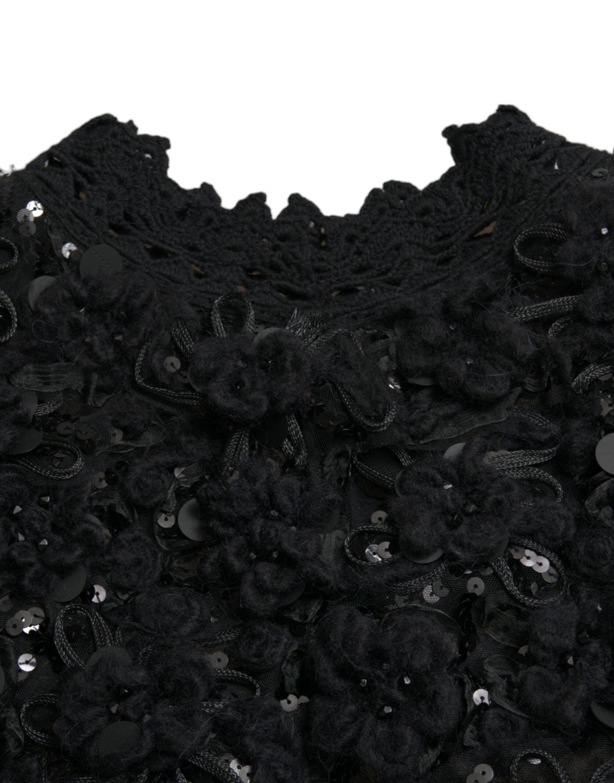 Pull en laine Dolce & Gabbana noir avec sequins et embellissements, pull-over élégant à col rond et manches longues.