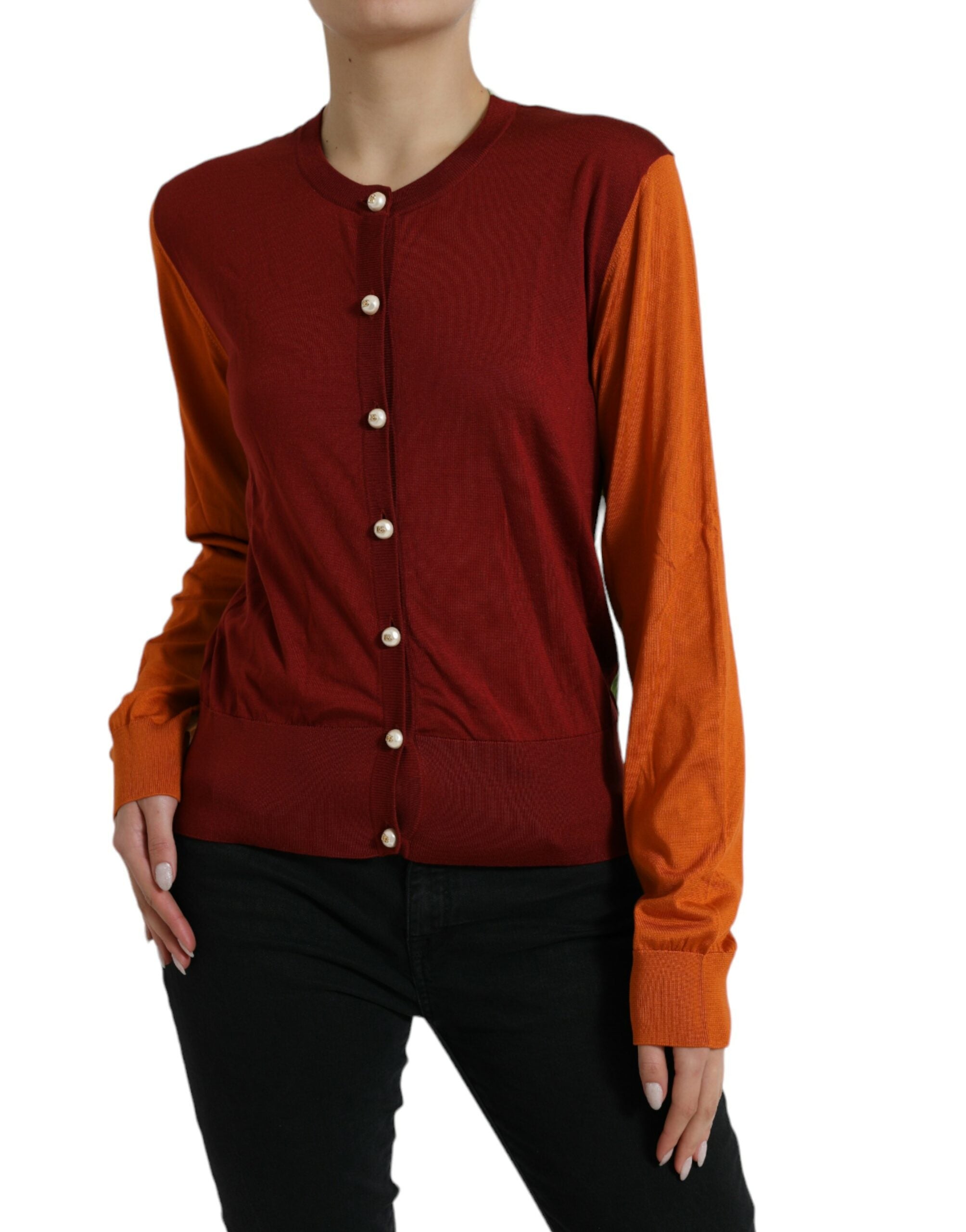 Pull à manches longues Dolce & Gabbana en soie à blocs de couleurs, style cardigan coloré avec col rond.