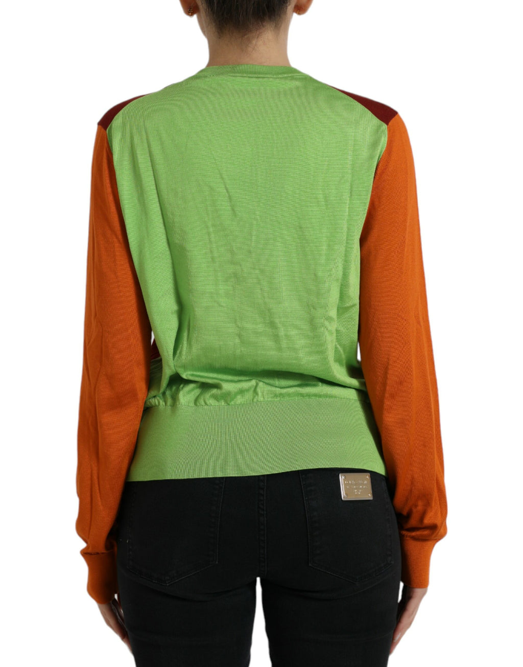 Pull en soie Dolce & Gabbana à blocs de couleurs, cardigan multicolore, col rond, style élégant et moderne.