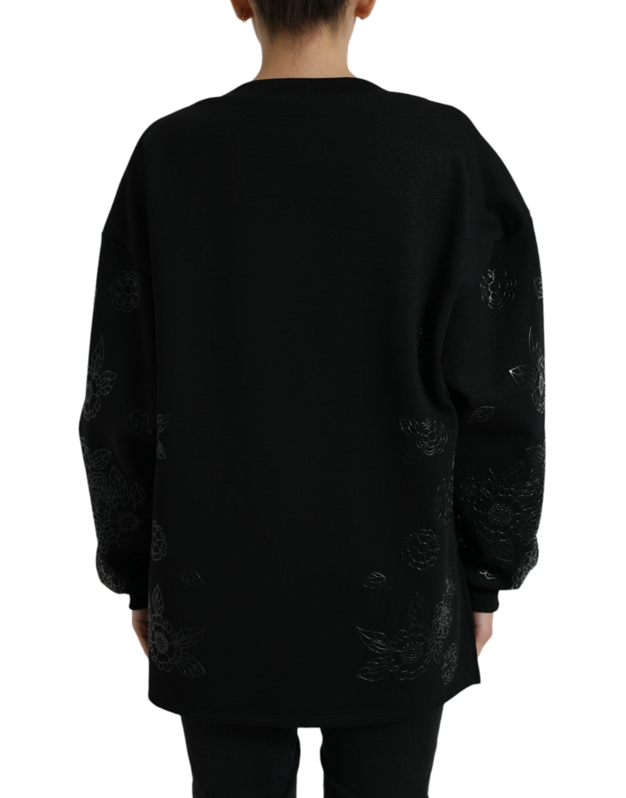 Pull noir Dolce & Gabbana, pull à manches longues avec logo floral appliqué, style élégant et tendance.