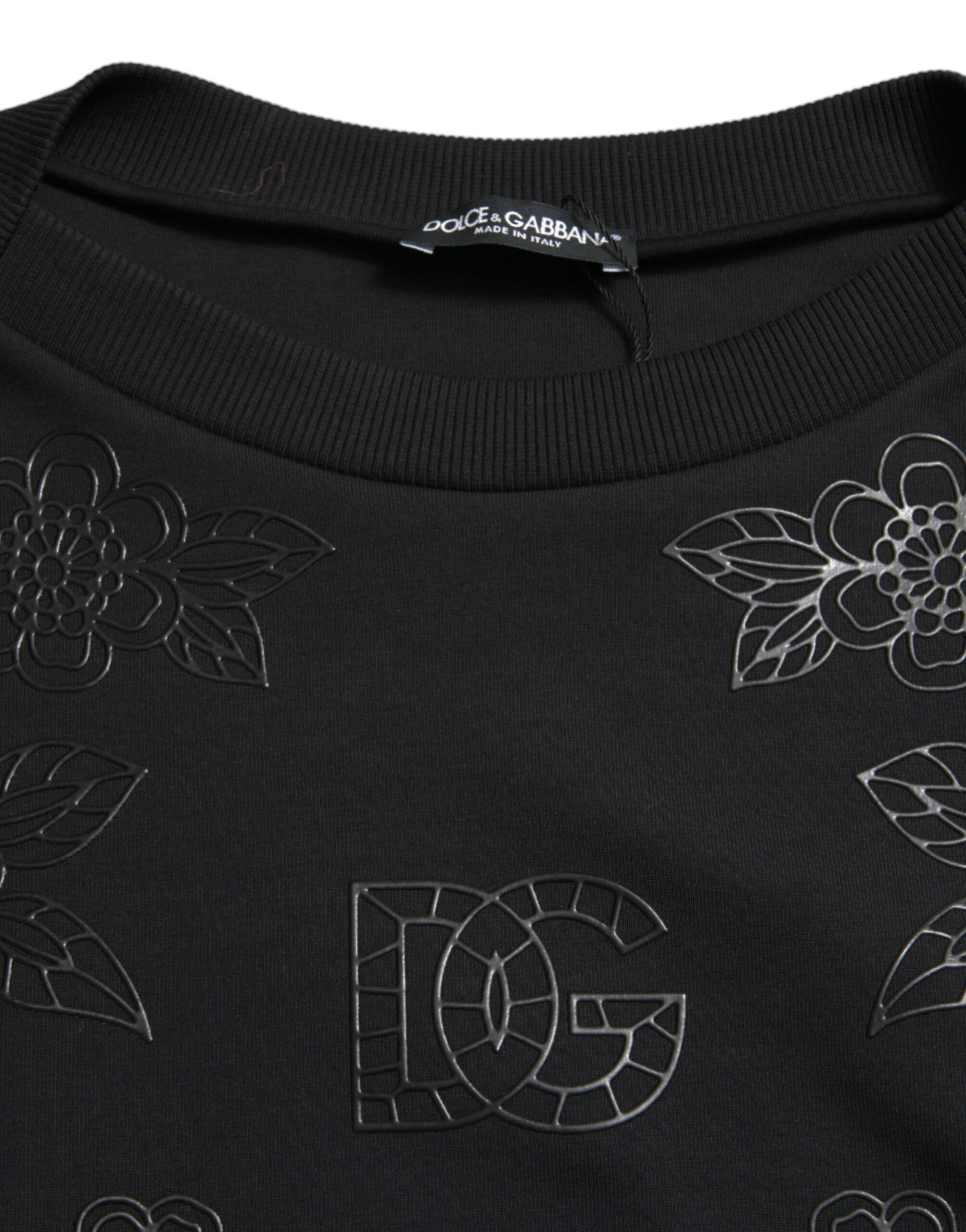 Pull à manches longues Dolce & Gabbana noir avec logo floral appliqué, pull-over élégant et confortable pour femme.