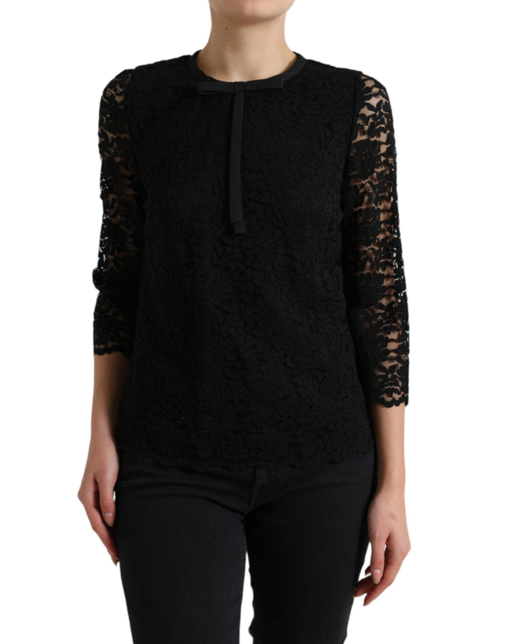 Blouse noire Dolce & Gabbana STAFF en dentelle florale et nylon, style élégant et sophistiqué.