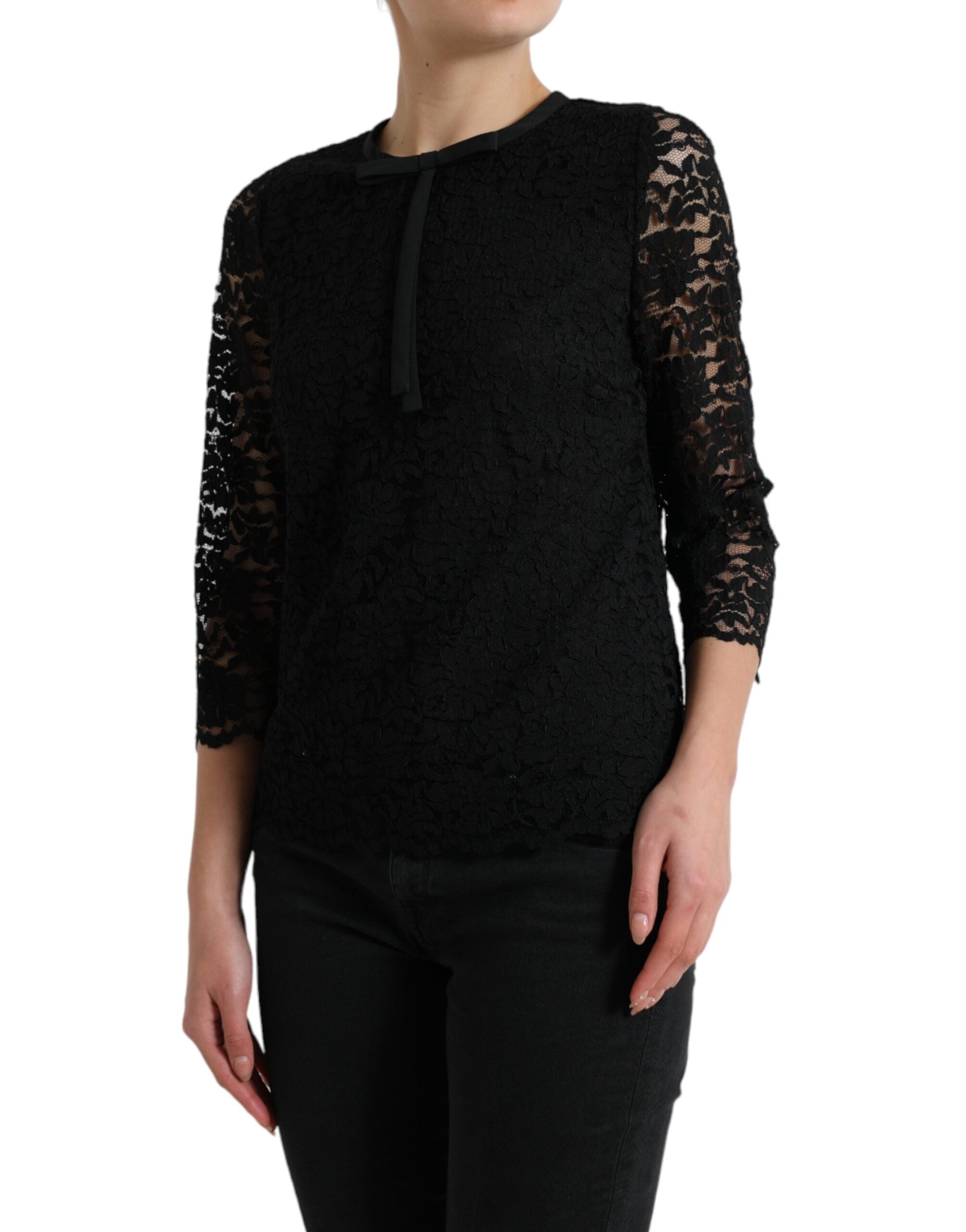 Blouse noire Dolce & Gabbana STAFF en dentelle florale et nylon, style élégant et féminin.