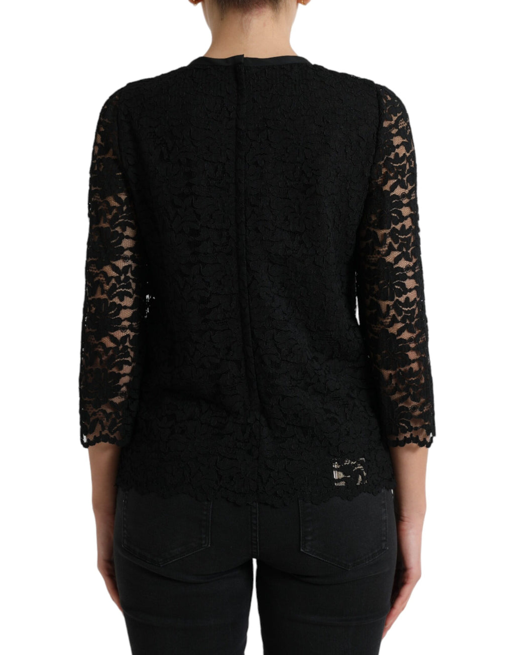 Blouse noire Dolce & Gabbana STAFF en dentelle florale en nylon, top élégant avec détails sophistiqués.