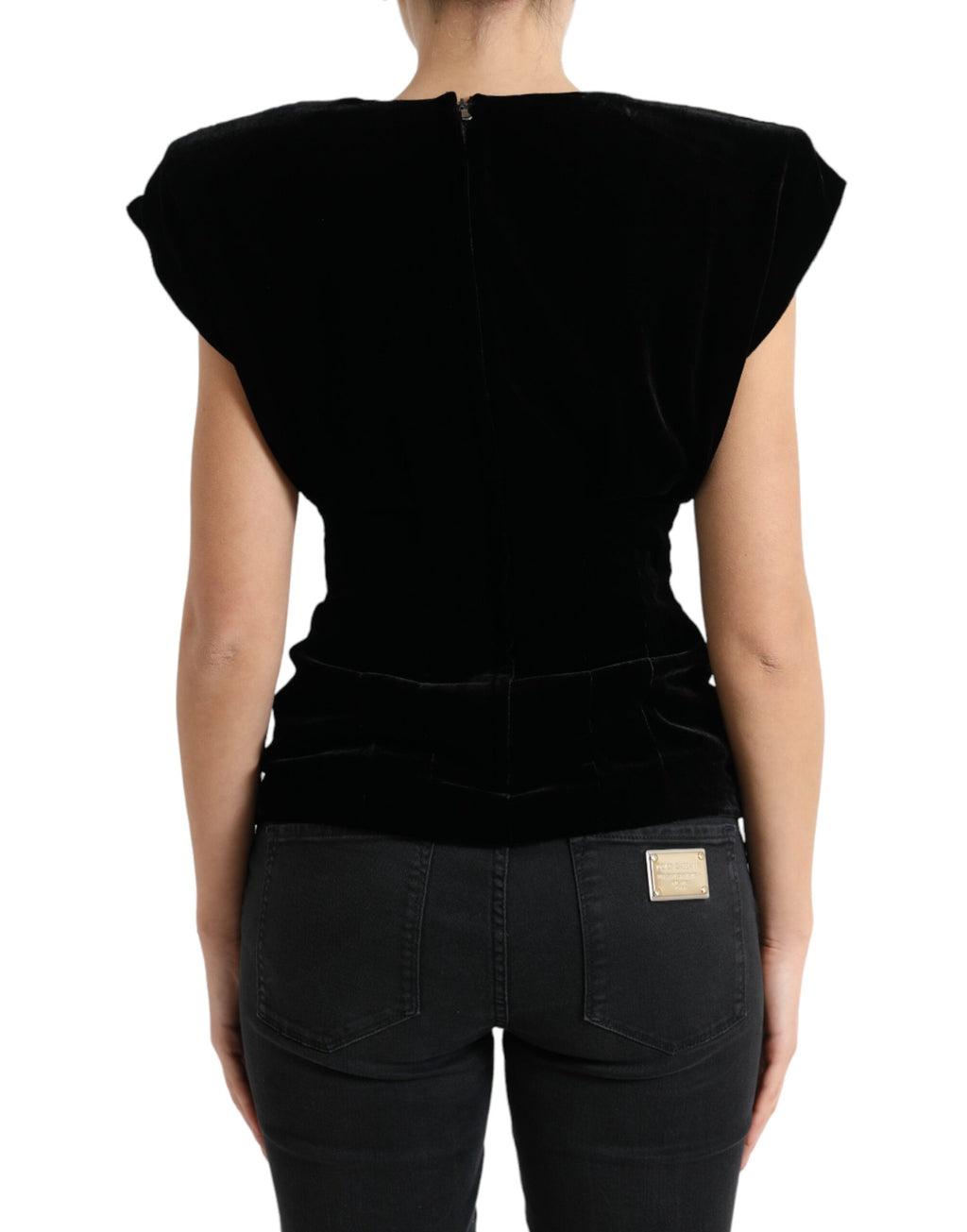 Blouse noire en velours Dolce & Gabbana, ajustée avec épaules padding, style élégant et sophistiqué.