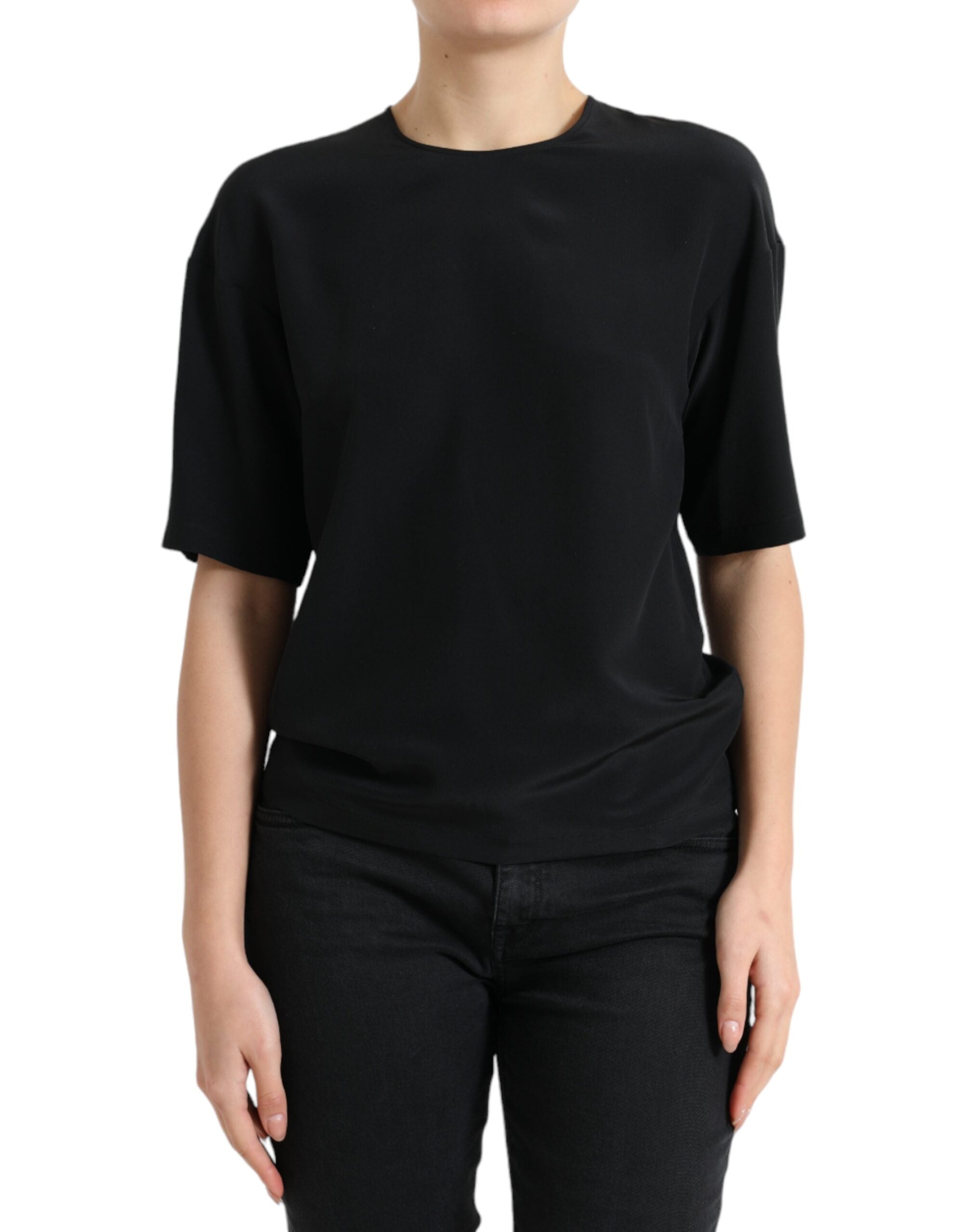 Blouse Dolce & Gabbana en soie noire à col rond et manches courtes, élégante et sophistiquée, vue de face.
