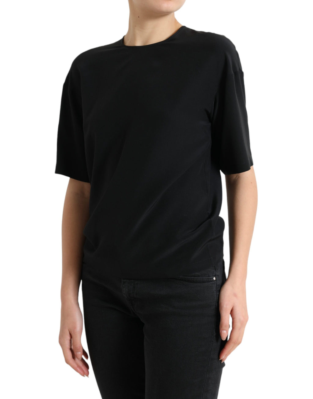 Blouse Dolce & Gabbana en soie noire à col rond et manches courtes, élégante et sophistiquée.
