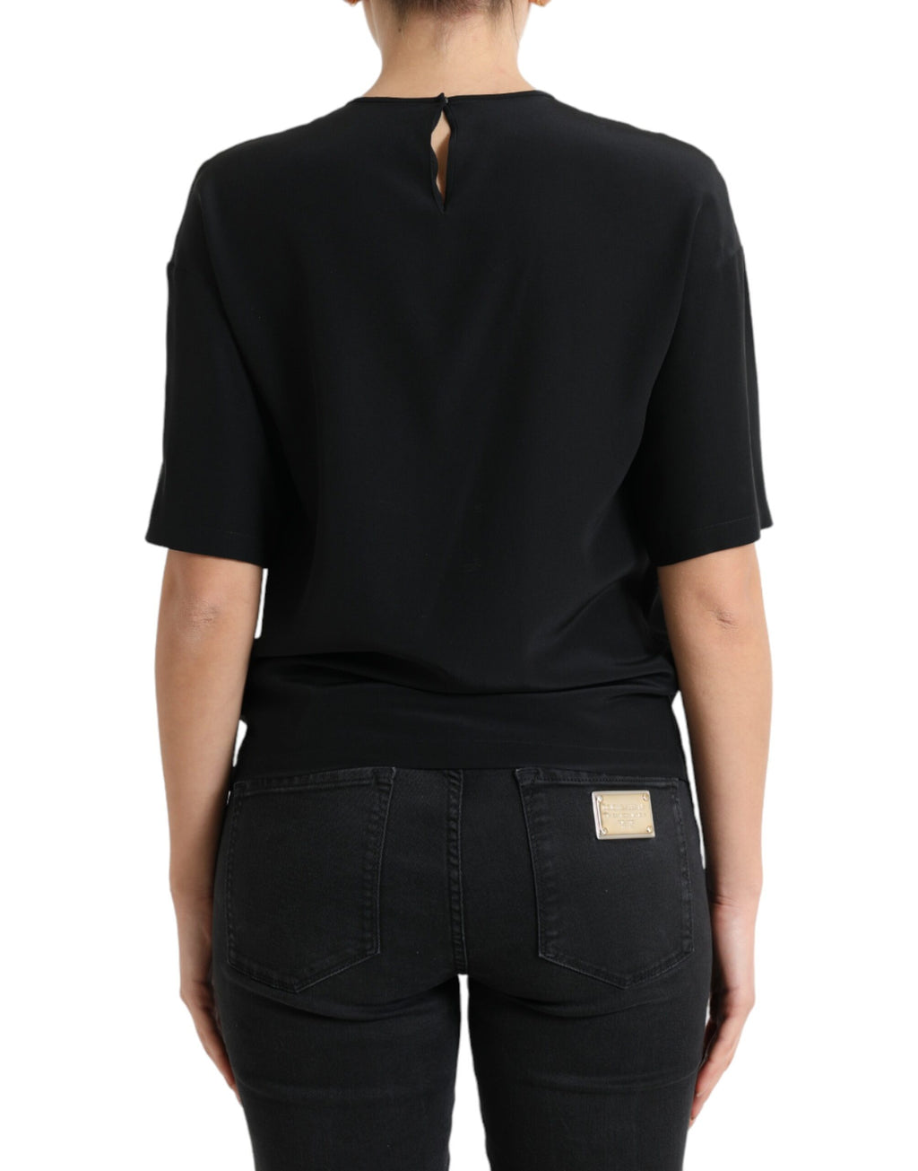 Chemise noire en soie Dolce & Gabbana à manches courtes et col rond, élégante et légère, vue de face.