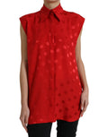 Blouse sans manches à pois rouges Dolce & Gabbana avec col et boutonnière, vue de face.