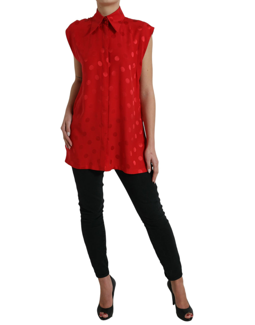 Blouse sans manches à col avec pois rouges de Dolce & Gabbana, style élégant et féminin, vue de face.