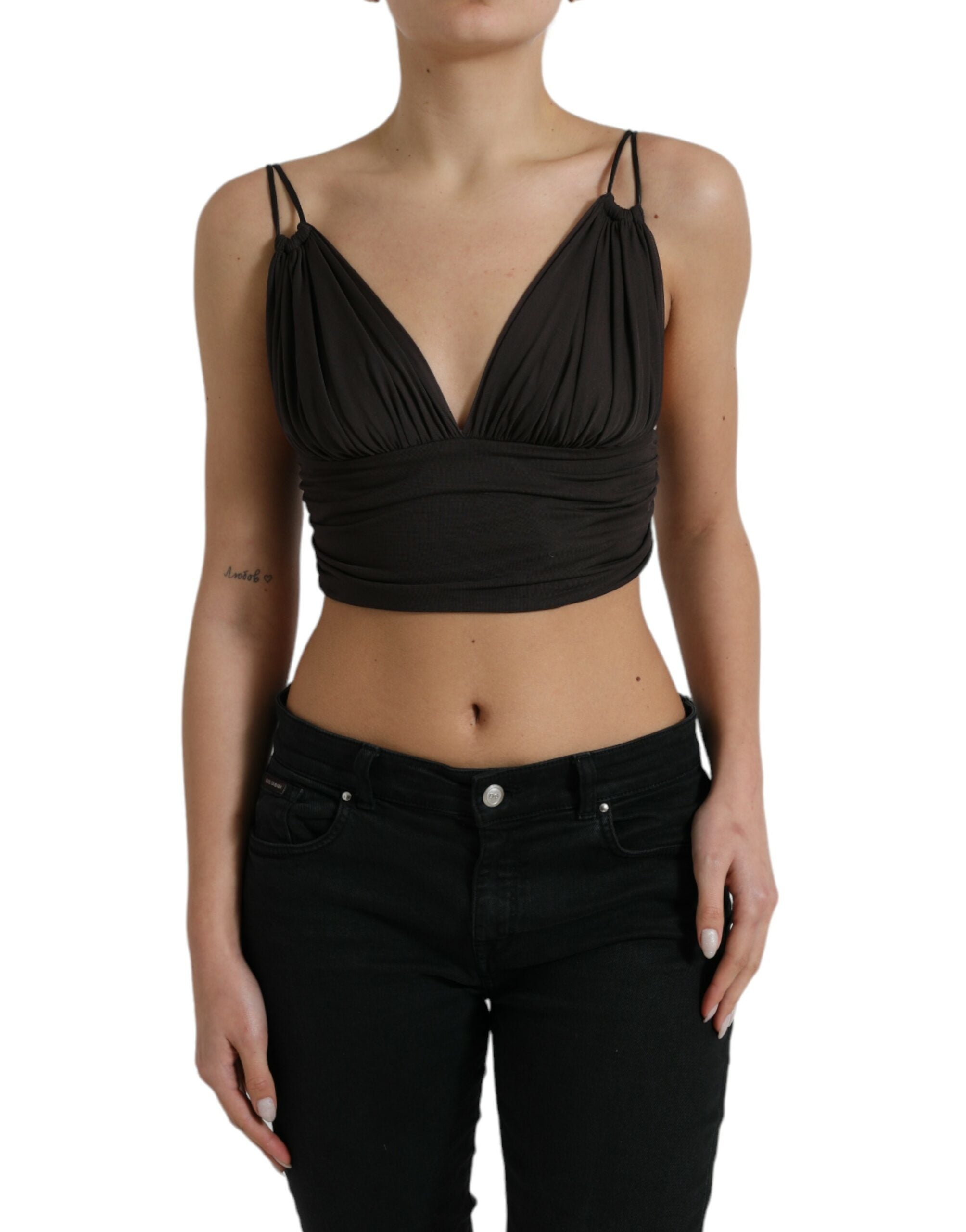 Débardeur court en viscose marron Dolce & Gabbana avec décolleté en V plongeant, style tendance et moderne.