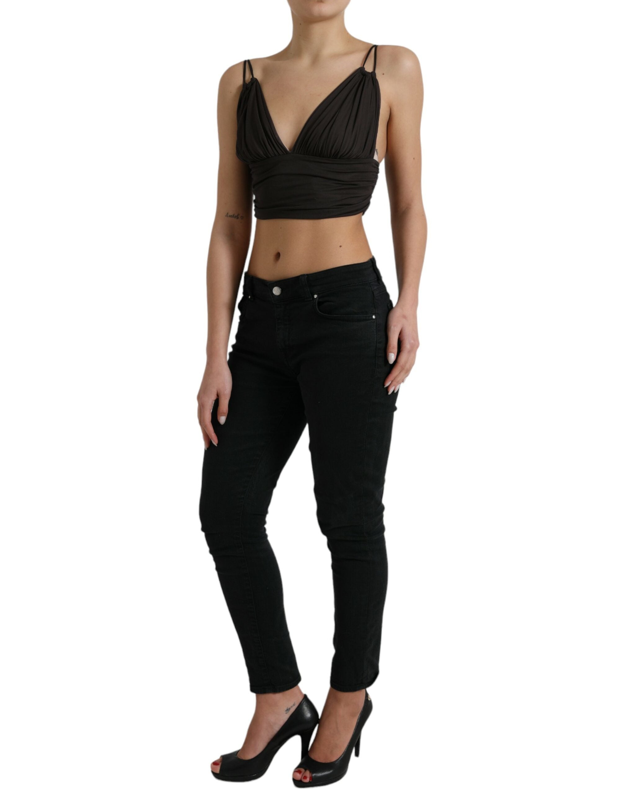 Débardeur cropped en viscose marron Dolce & Gabbana avec décolleté en V plongeant, style tendance et élégant.