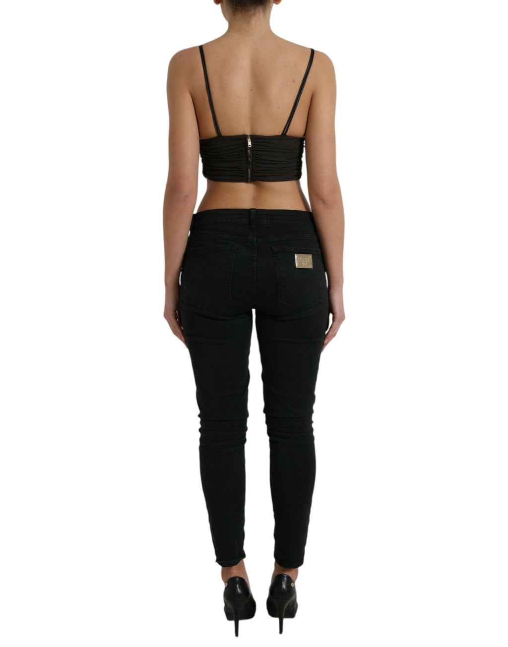 Top crop en viscose marron Dolce & Gabbana avec décolleté en V plongeant, ajusté et élégant.
