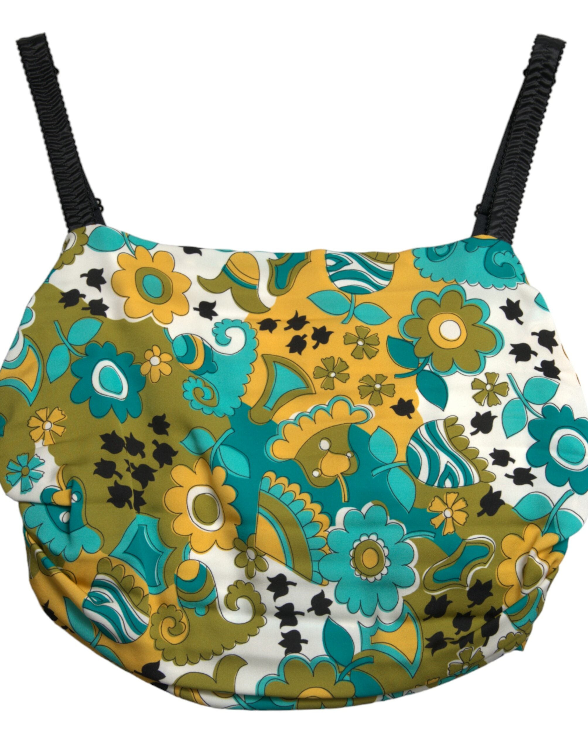 Haut court sans manches multicolore à fleurs de Dolce & Gabbana, style élégant et coloré, visible avec détails floraux vibrants.
