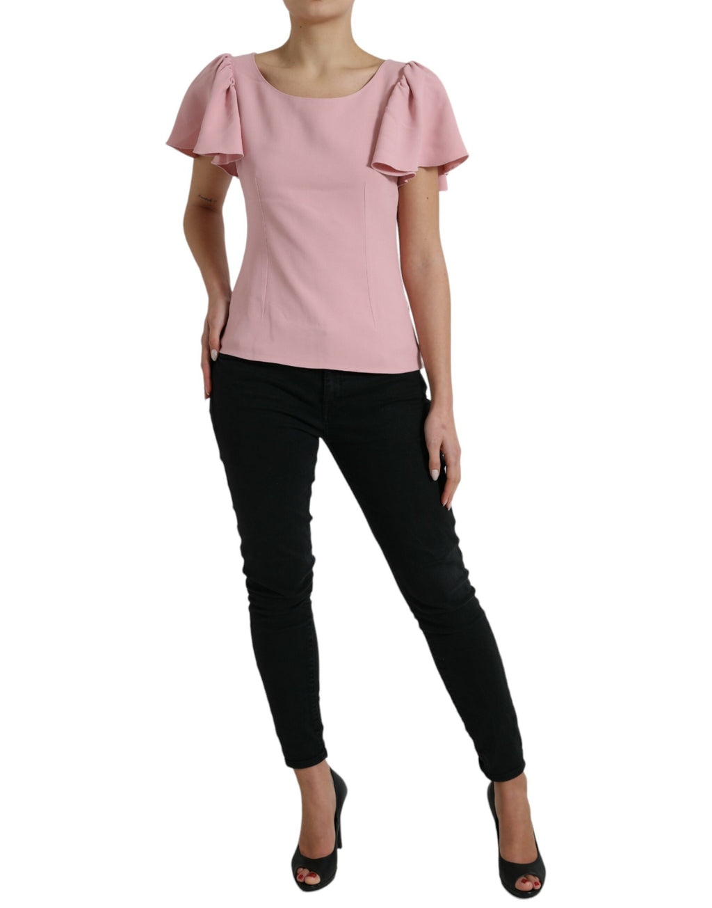 Blouse Dolce & Gabbana rose à manches courtes, col rond, style élégant et féminin, vue de face.