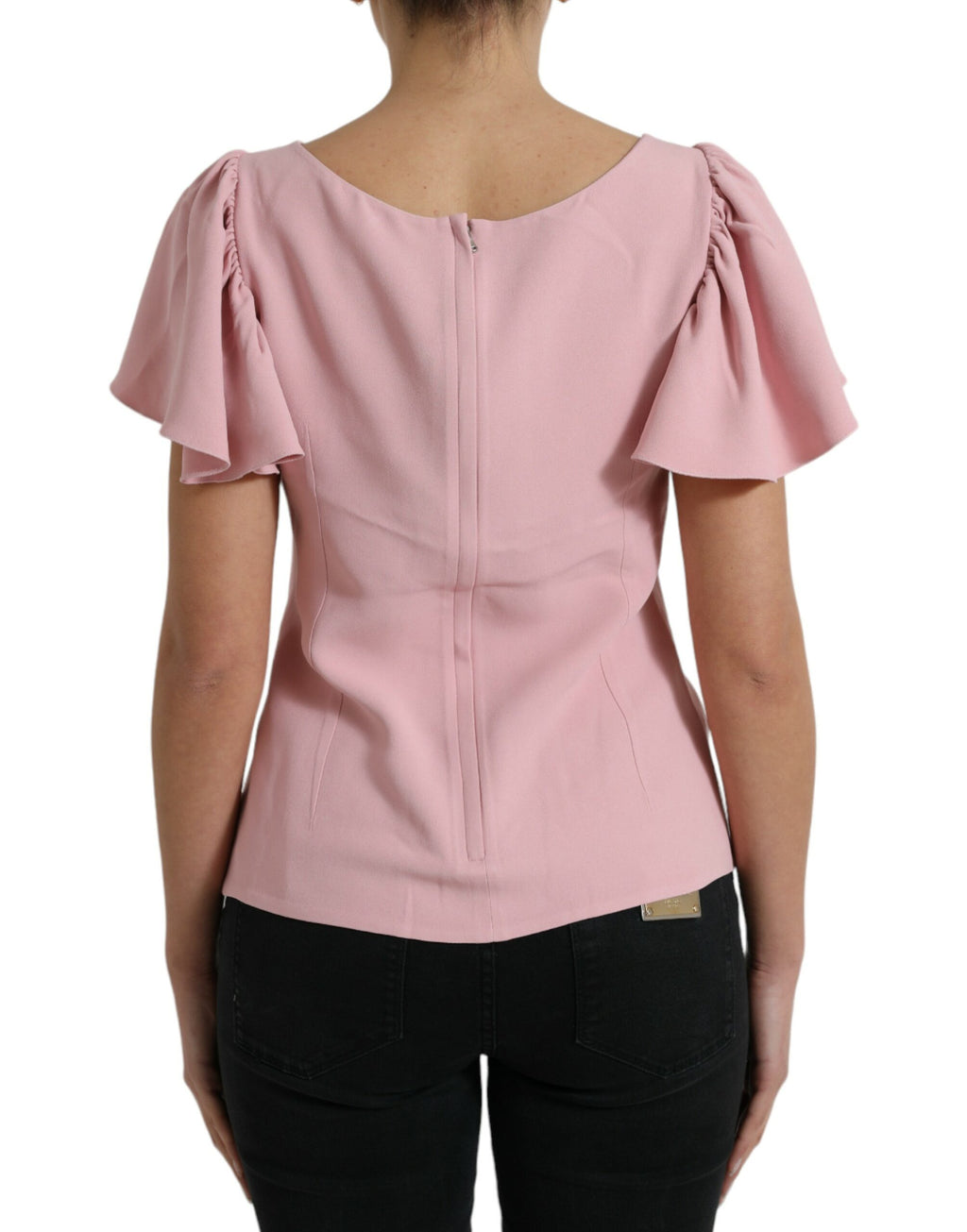 Blouse rose à manches courtes et col rond de Dolce & Gabbana, haut élégant en tissu léger.
