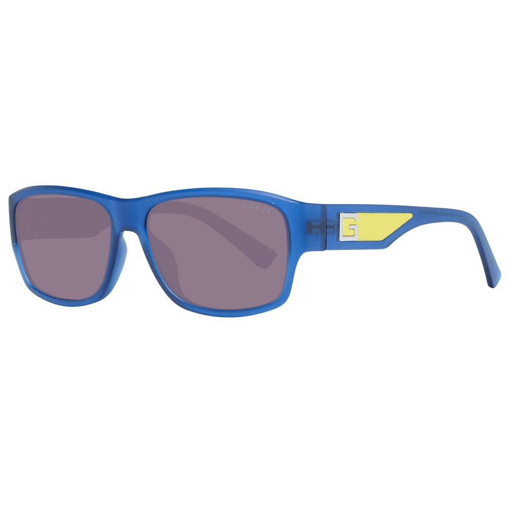 Lunettes de soleil en plastique bleu de marque Guess, avec monture élégante et design moderne.