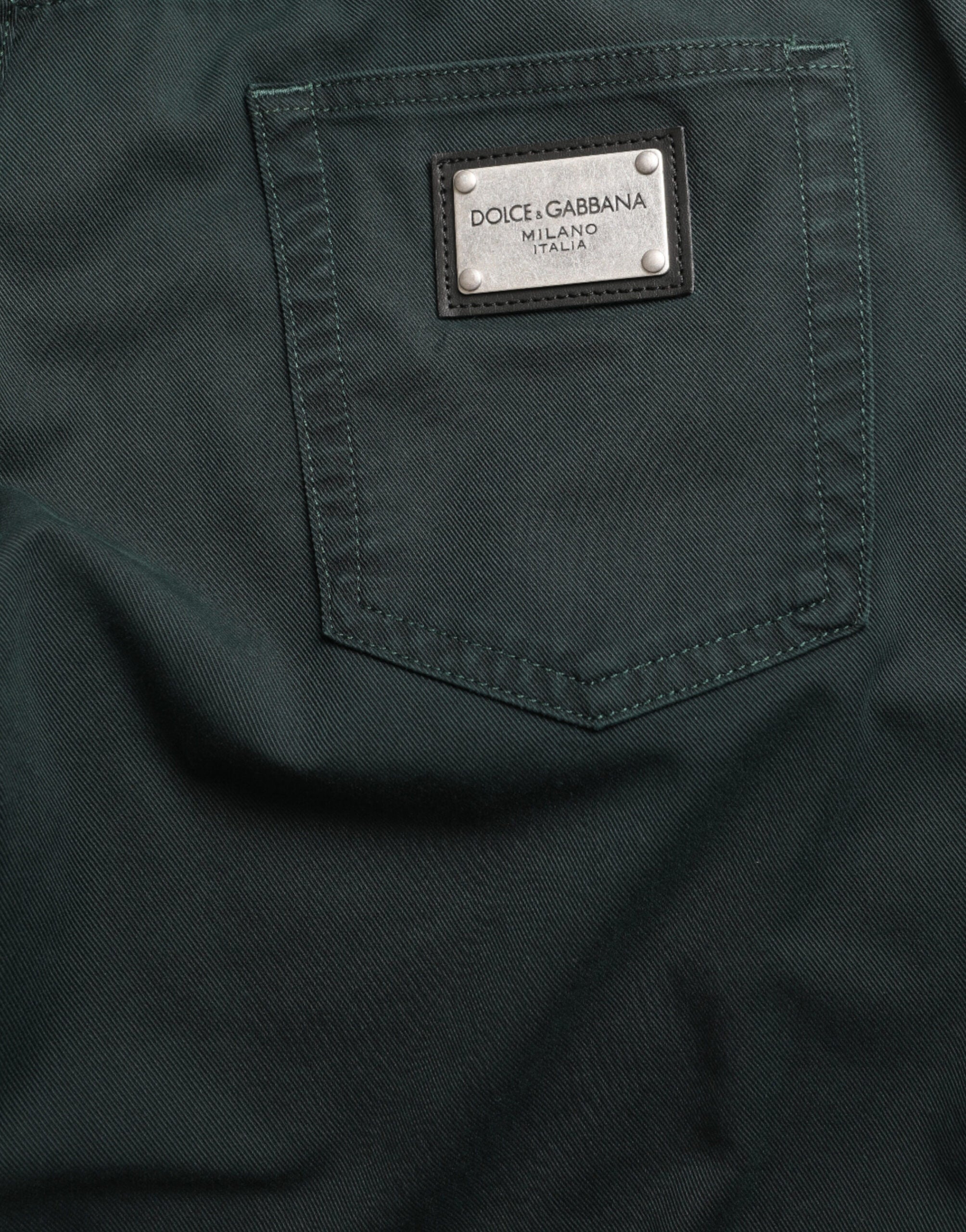 Jeans homme Dolce & Gabbana en coton vert stretch skinny, coupe ajustée, détails en denim.
