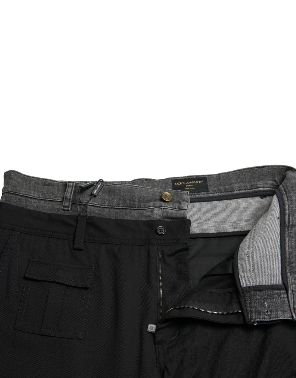 Pantalon slim en denim coton noir et gris de Dolce & Gabbana, vue de face avec détails de couture.