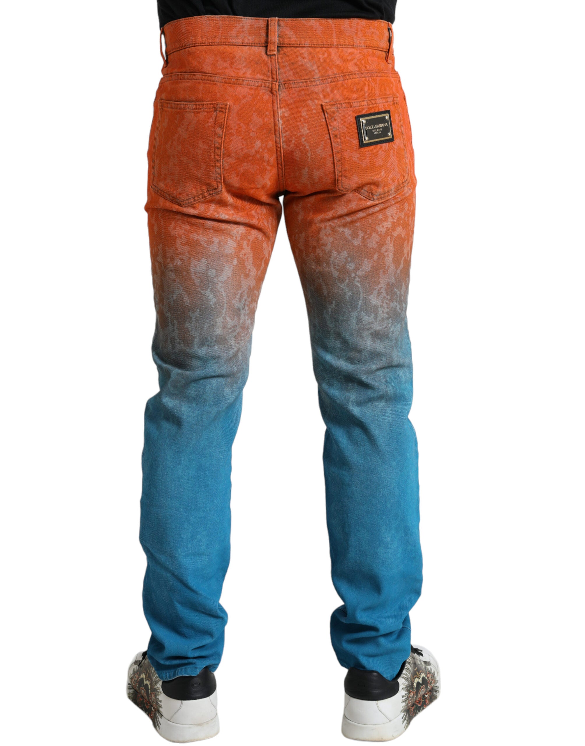 Jeans slim en denim coton ombré multicolore Dolce & Gabbana, coupe ajustée avec détails colorés.